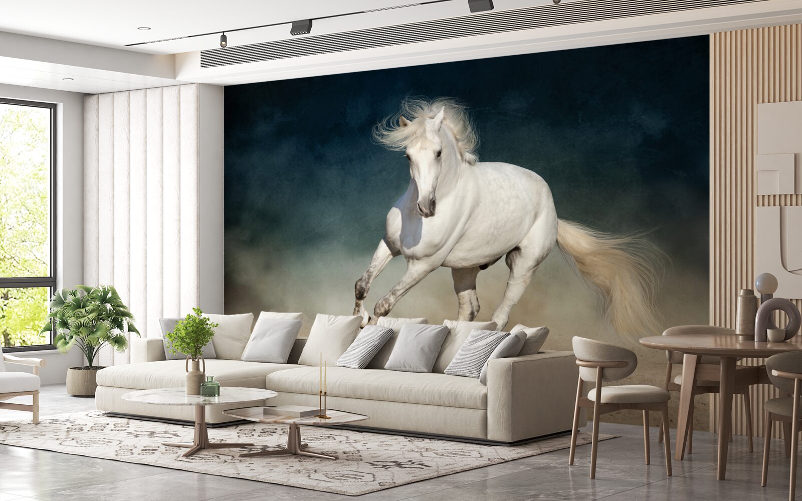 Fototapeta biely kôň cvála na otvorenom poli