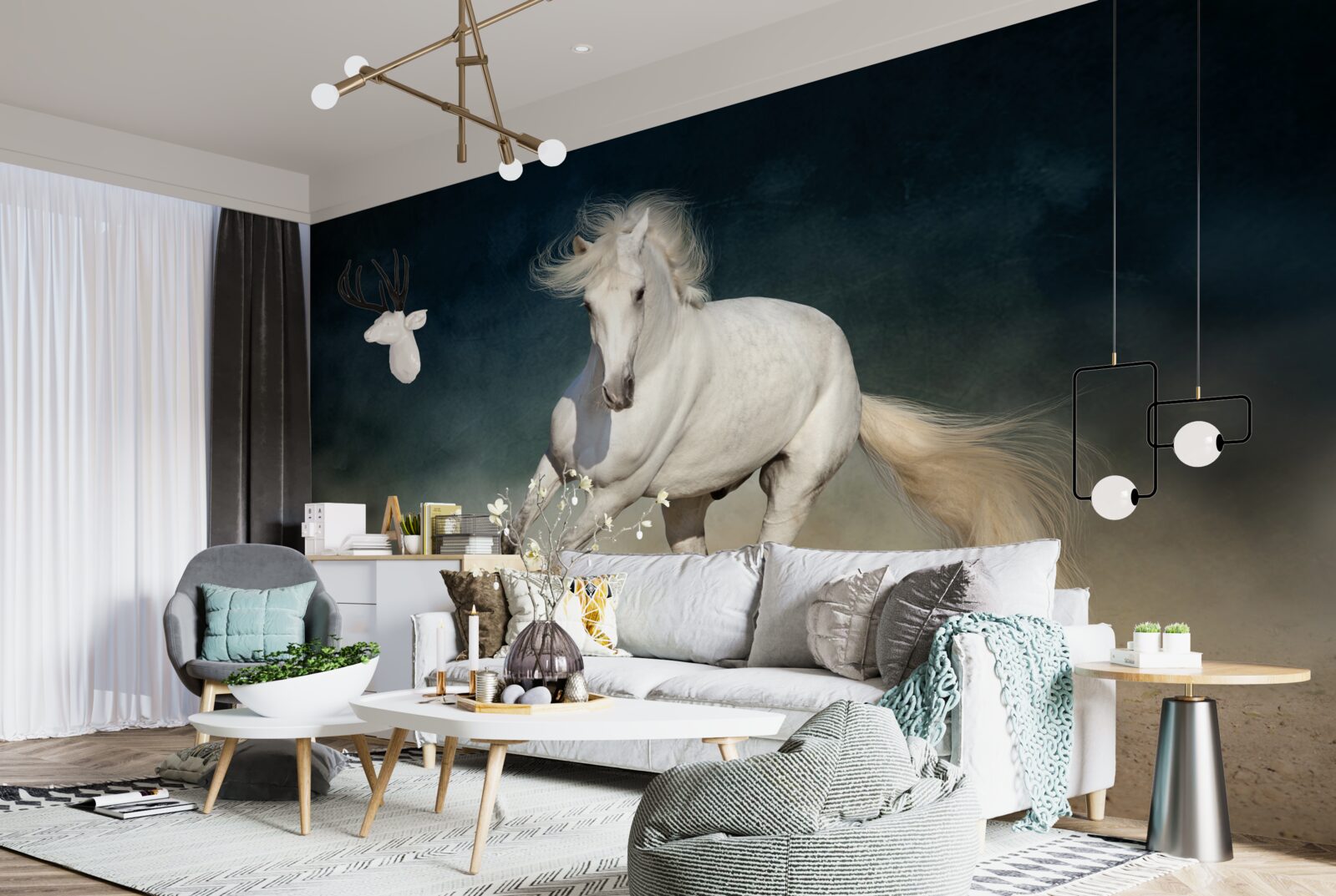 Fototapeta biely kôň cvála na otvorenom poli