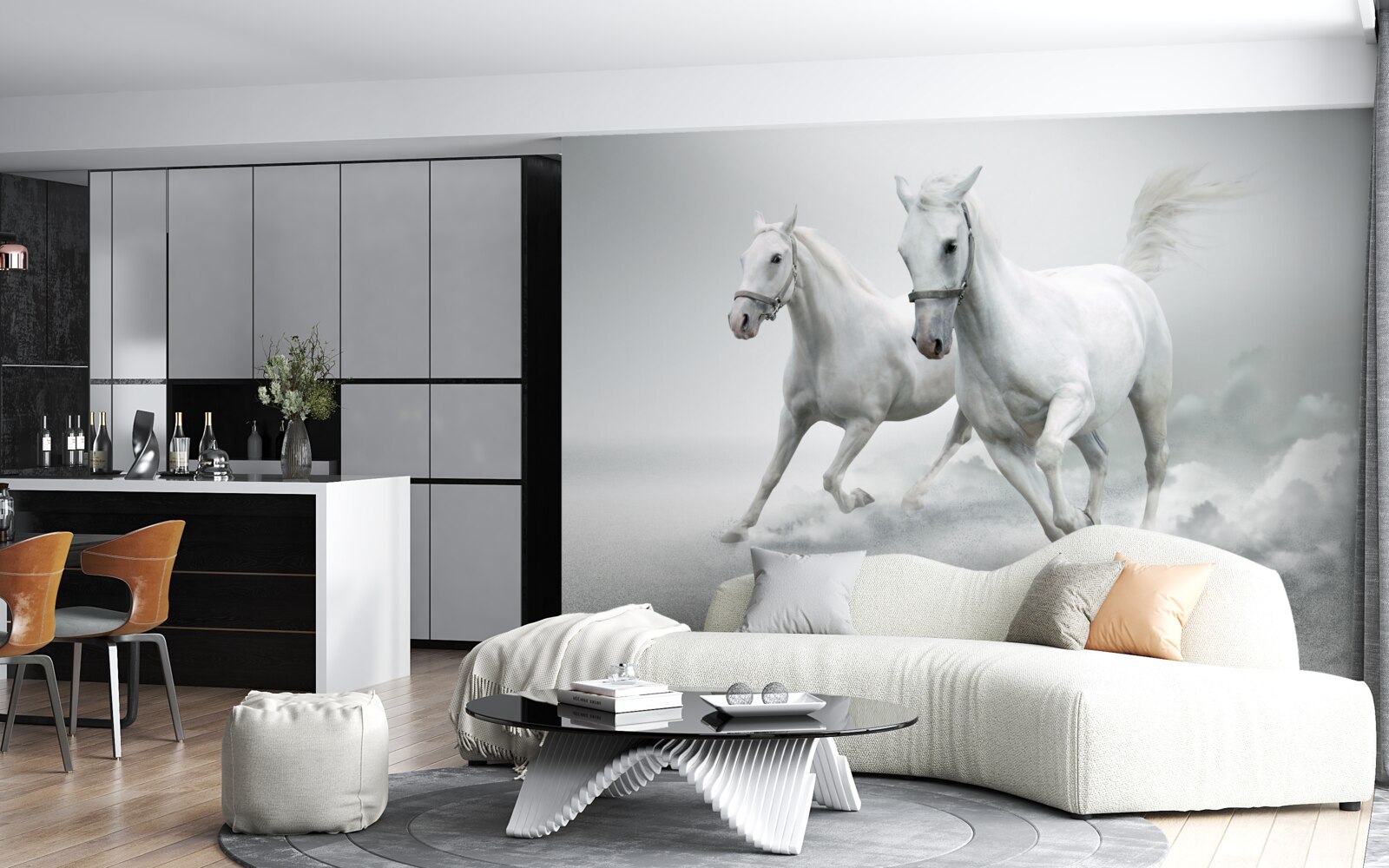 Fototapeta po svetlom pieskovom povrchu behajú dva snehobiele žrebce