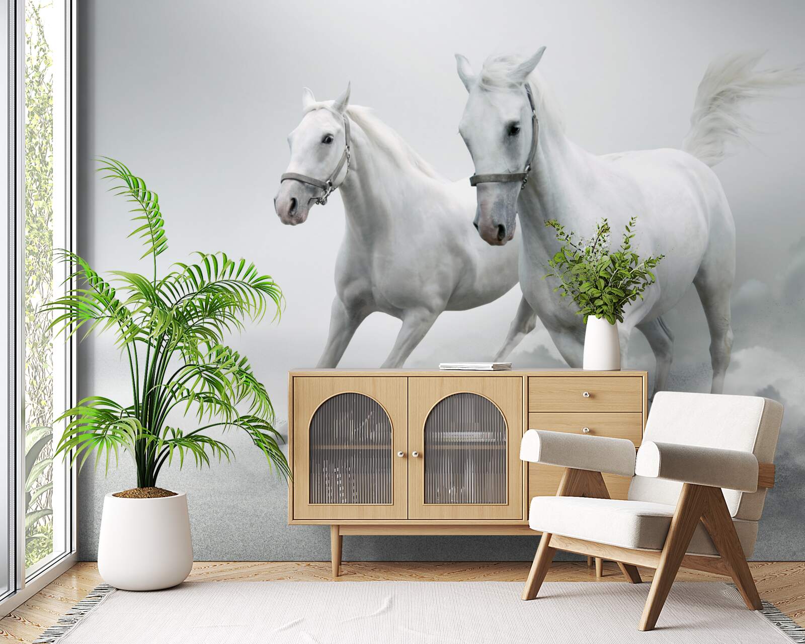 Fototapeta po svetlom pieskovom povrchu behajú dva snehobiele žrebce