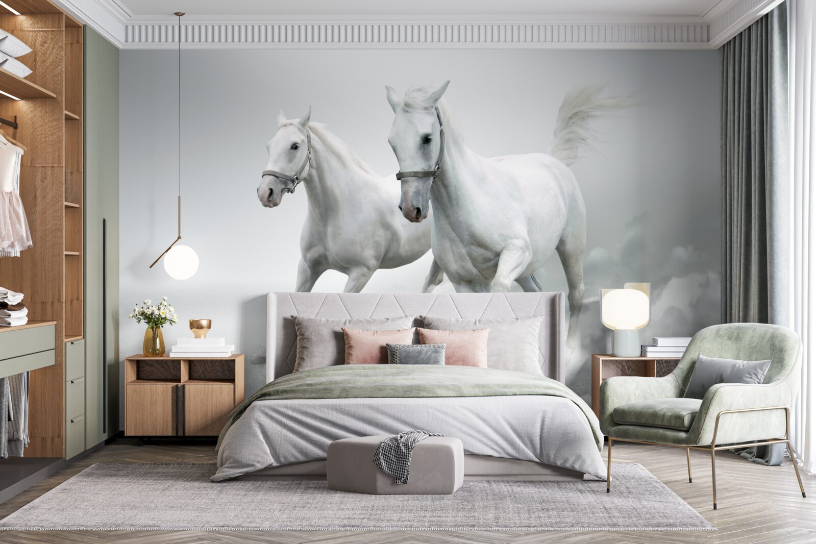 Fototapeta po svetlom pieskovom povrchu behajú dva snehobiele žrebce