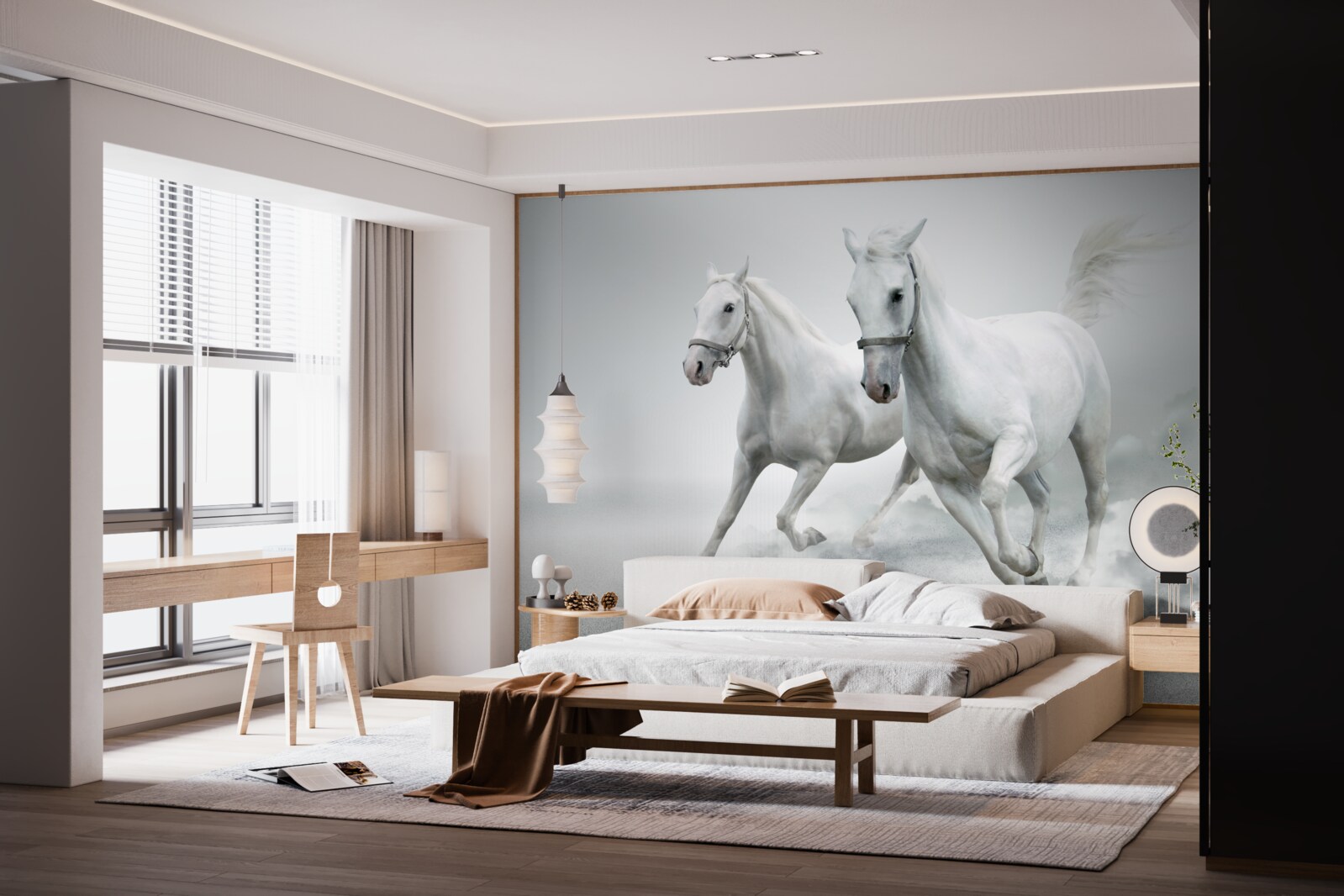 Fototapeta po svetlom pieskovom povrchu behajú dva snehobiele žrebce