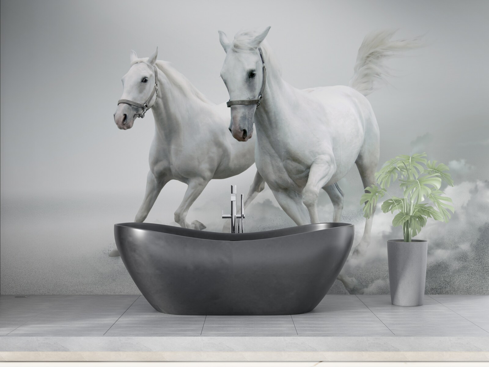 Fototapeta po svetlom pieskovom povrchu behajú dva snehobiele žrebce