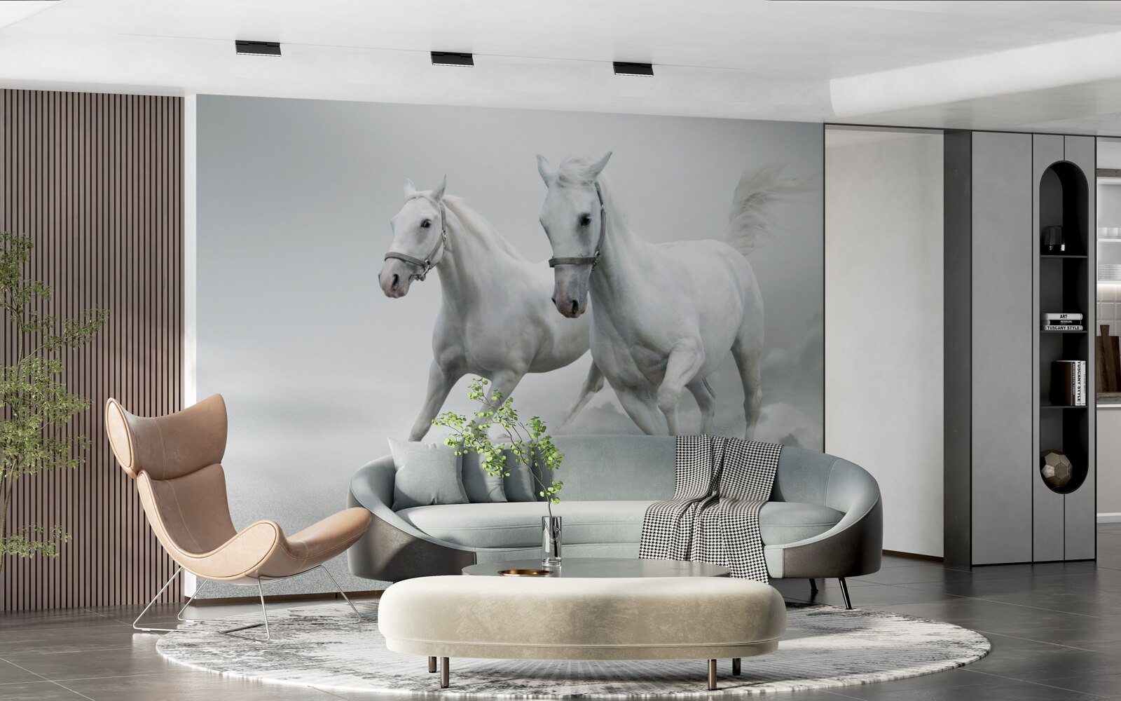 Fototapeta po svetlom pieskovom povrchu behajú dva snehobiele žrebce