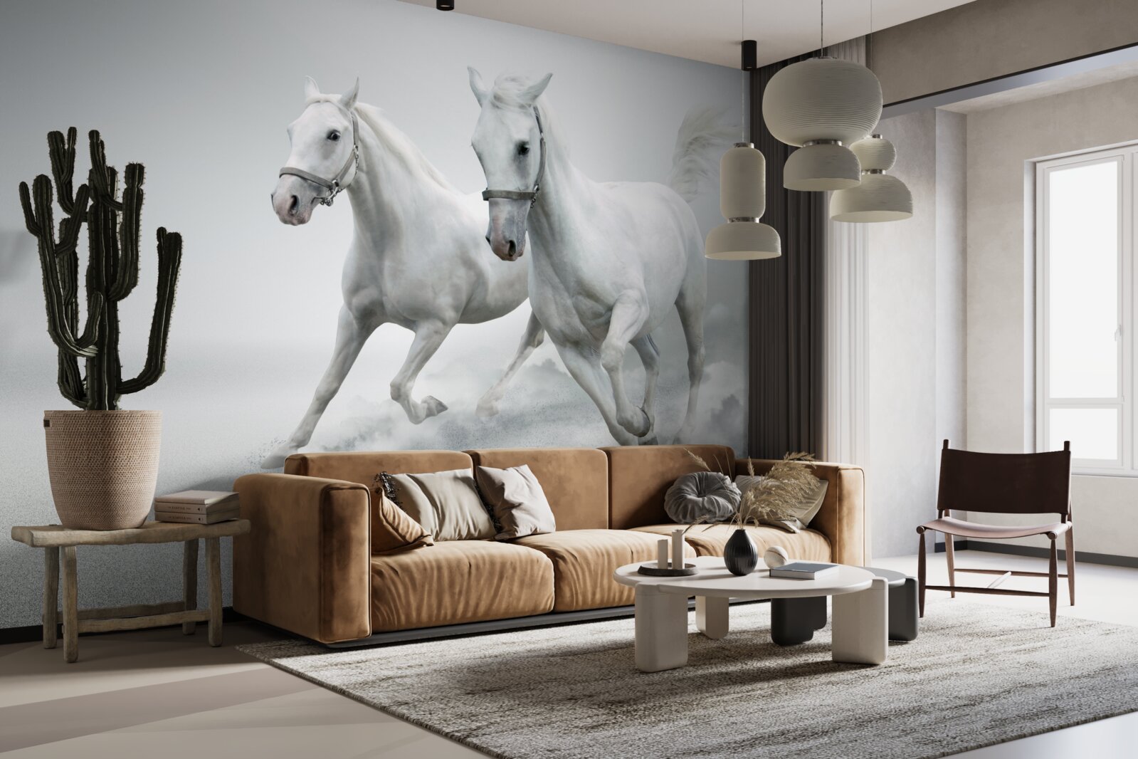 Fototapeta po svetlom pieskovom povrchu behajú dva snehobiele žrebce