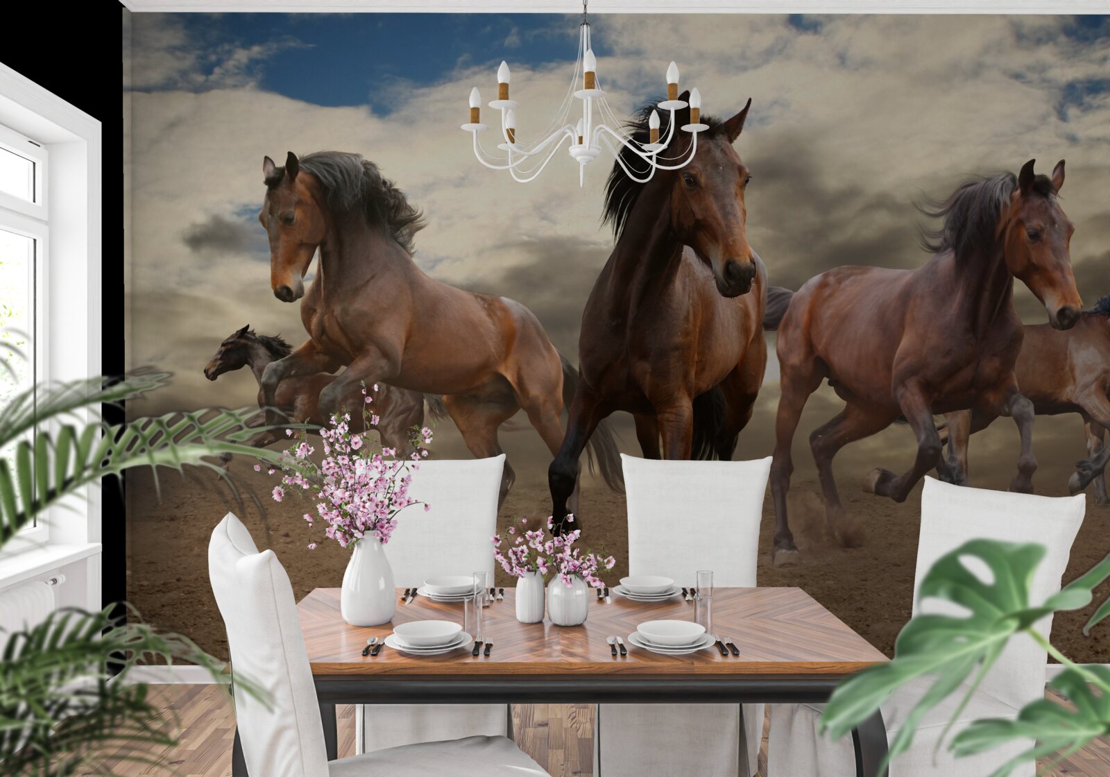 Fototapeta po zemi sa rúti skupina hnedých koní