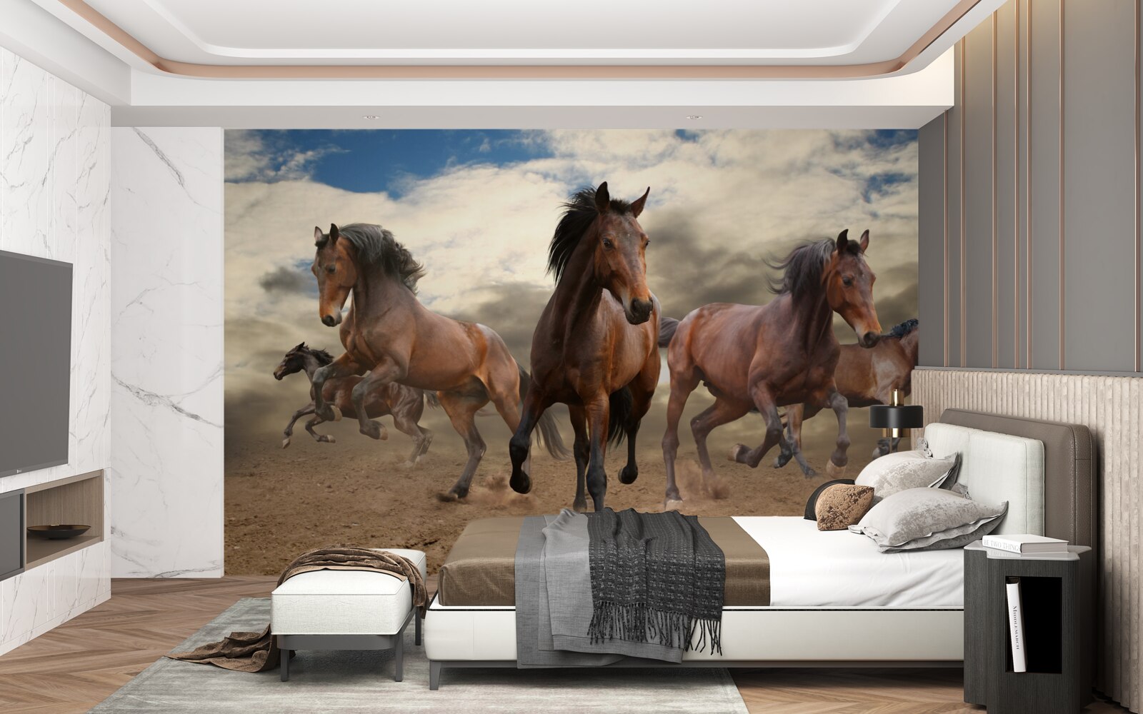 Fototapeta po zemi sa rúti skupina hnedých koní