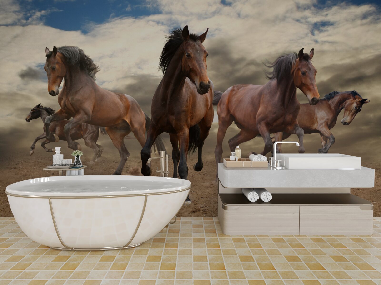 Fototapeta po zemi sa rúti skupina hnedých koní