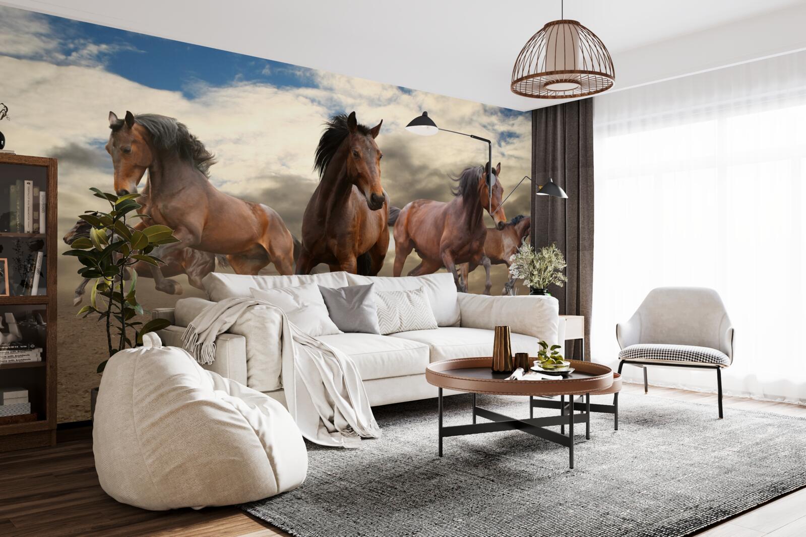 Fototapeta po zemi sa rúti skupina hnedých koní