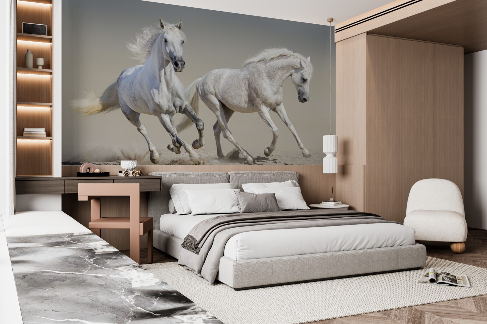 Fototapeta na pieskovom povrchu sa preháňajú dva ľahké žrebce