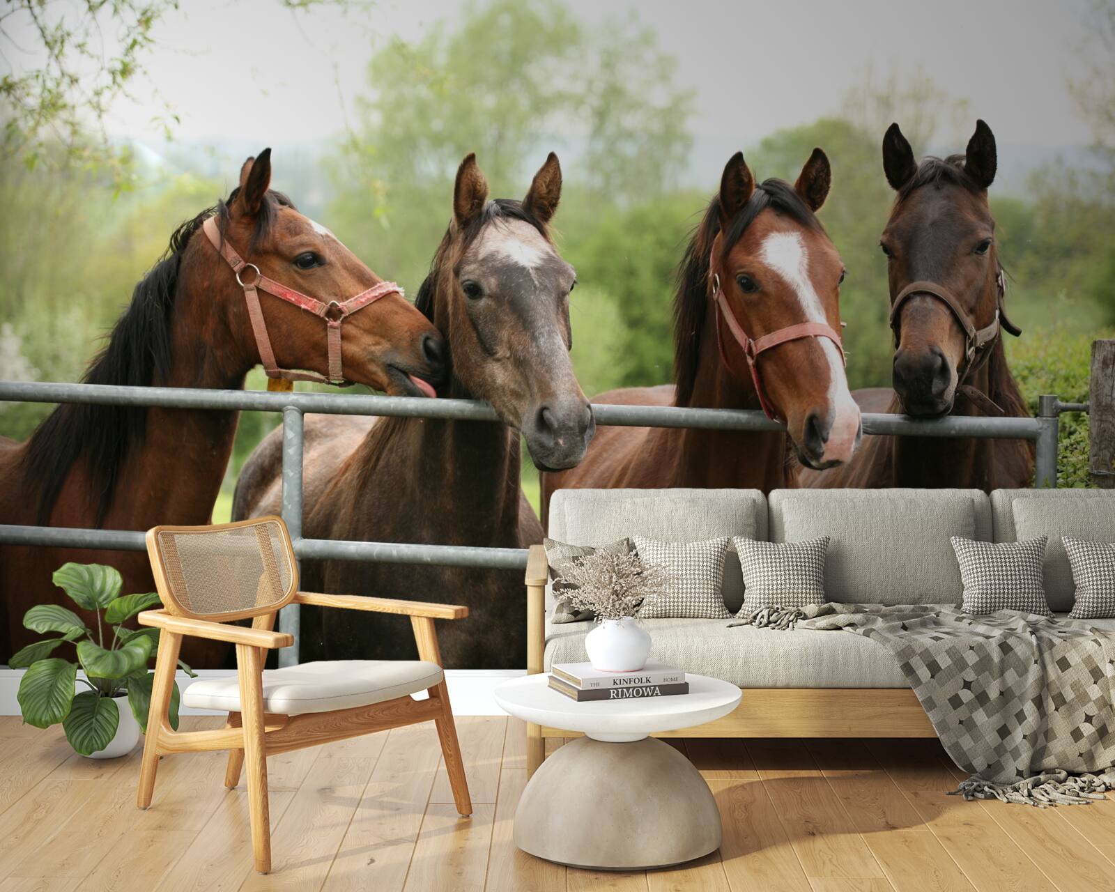 Fototapeta V ohrade sú štyri hnedé kone