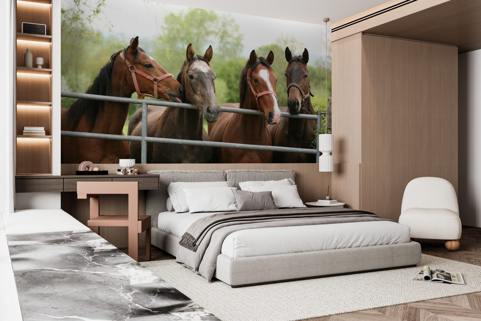 Fototapeta V ohrade sú štyri hnedé kone