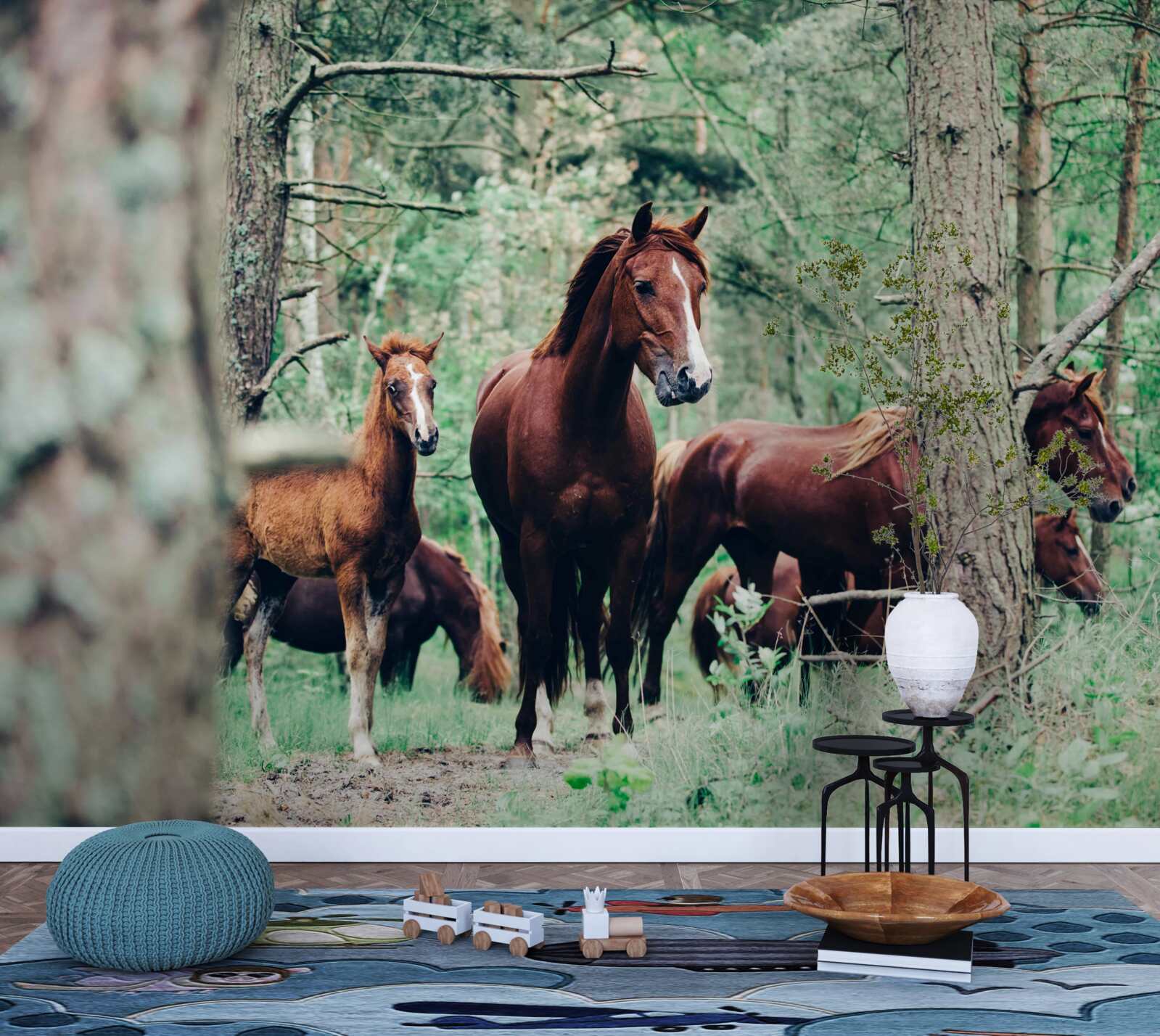 Fototapeta kone chodia na jar v lese