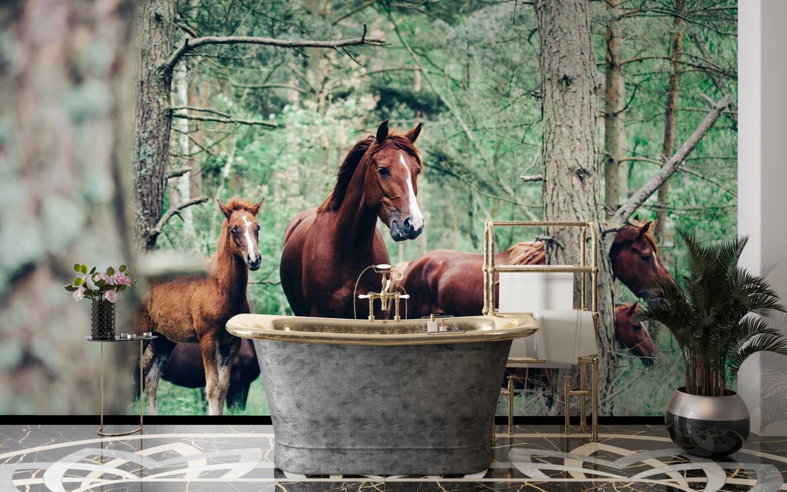 Fototapeta kone chodia na jar v lese