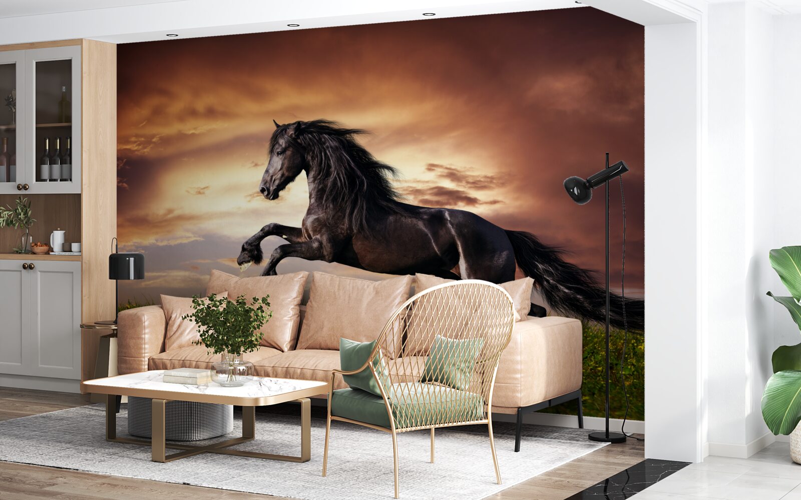 Fototapeta silný kôň skákajúci na zelenej tráve