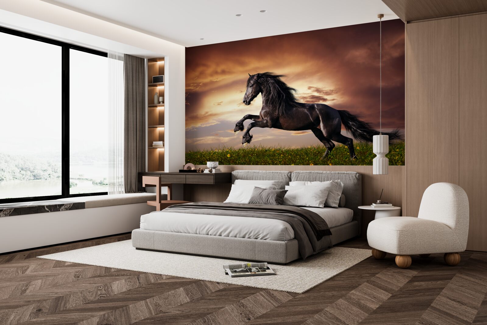 Fototapeta silný kôň skákajúci na zelenej tráve