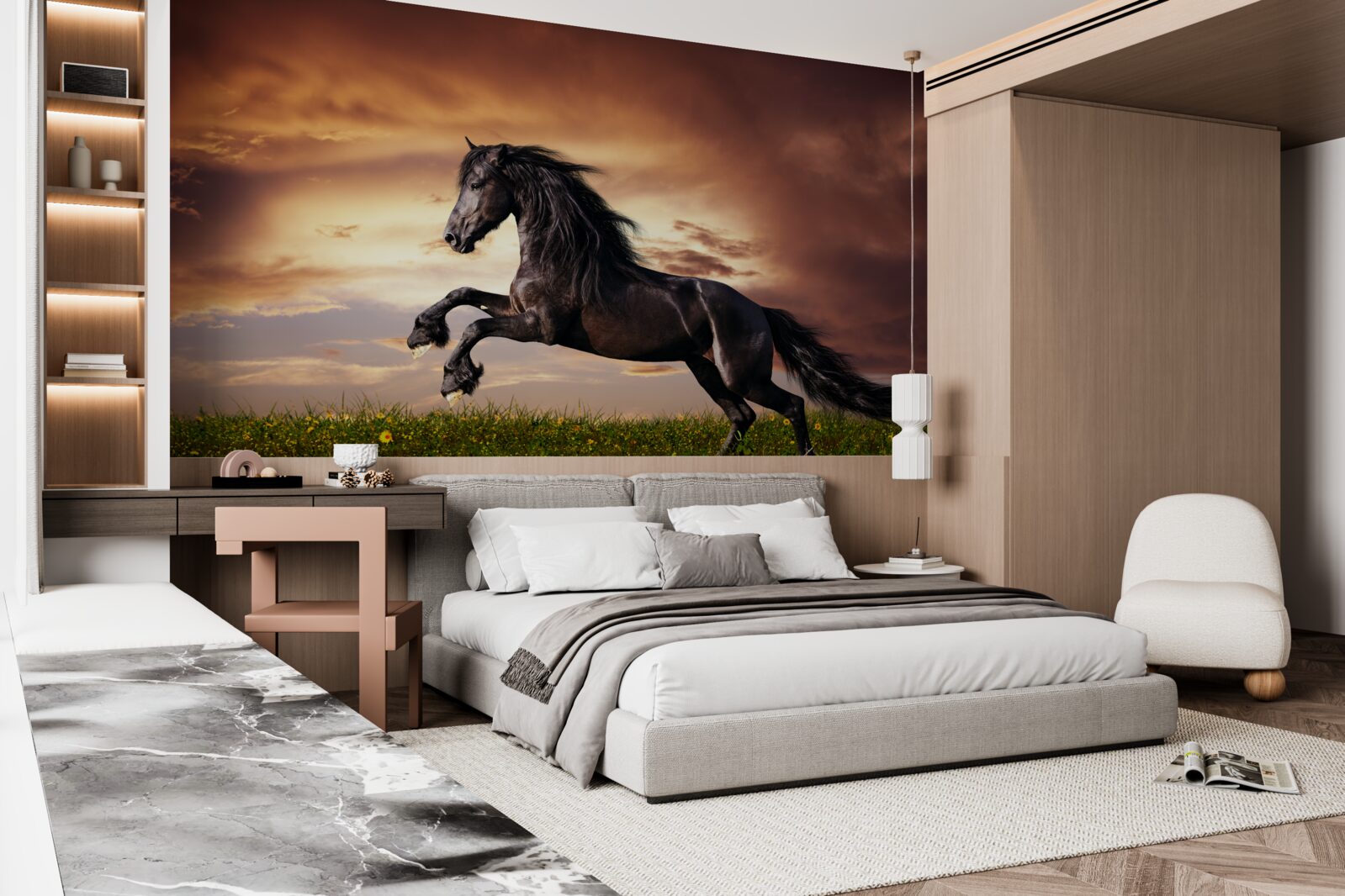 Fototapeta silný kôň skákajúci na zelenej tráve