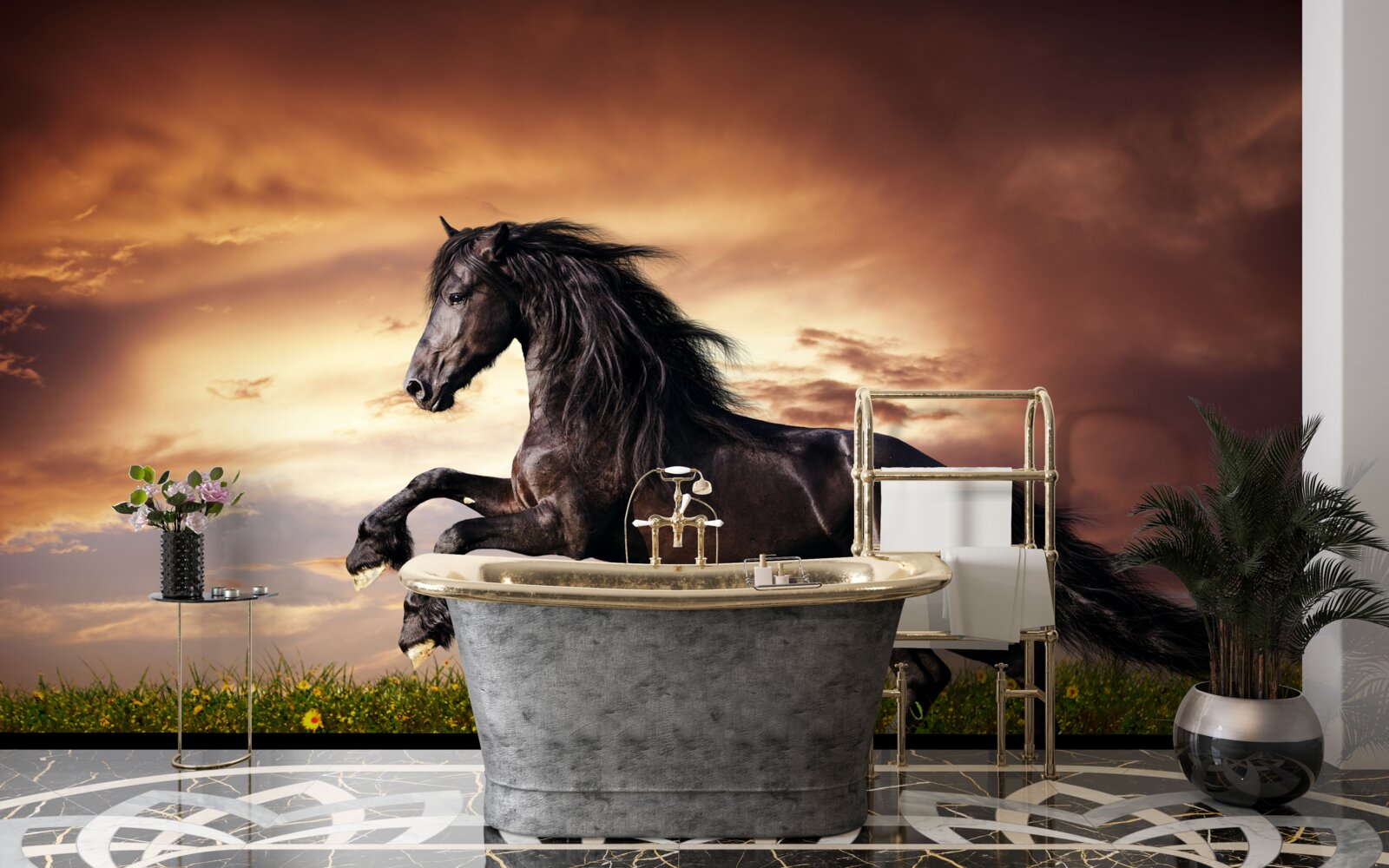 Fototapeta silný kôň skákajúci na zelenej tráve