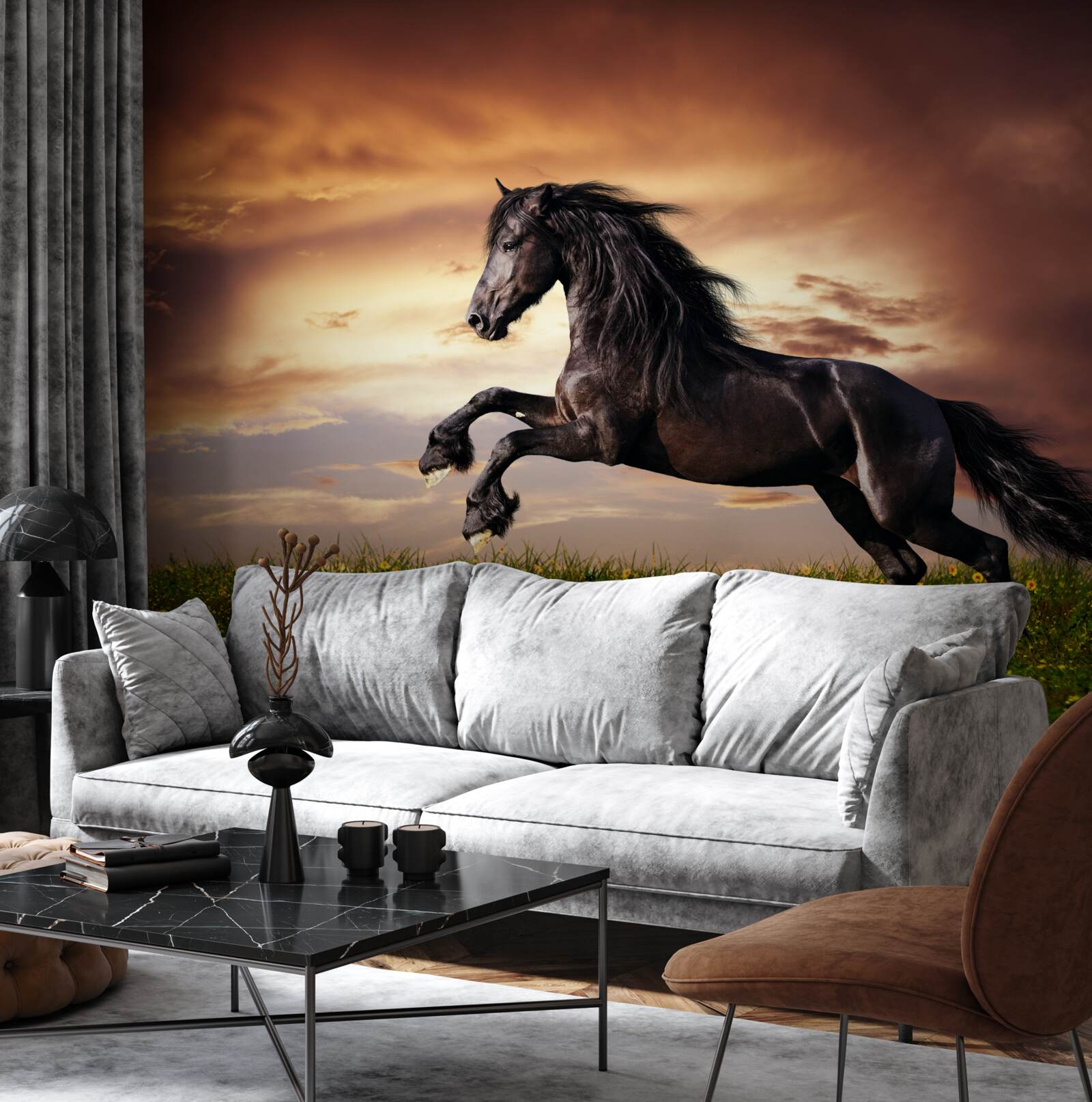 Fototapeta silný kôň skákajúci na zelenej tráve