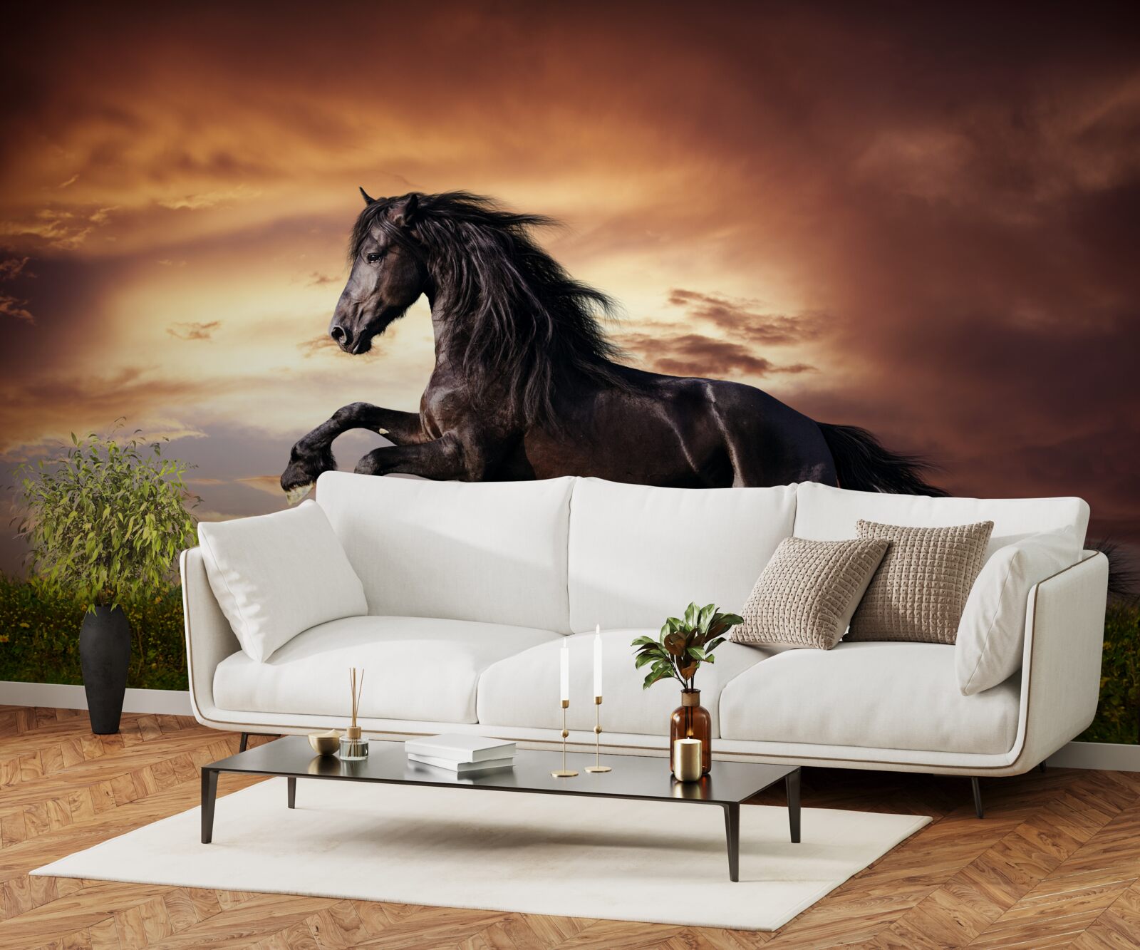 Fototapeta silný kôň skákajúci na zelenej tráve