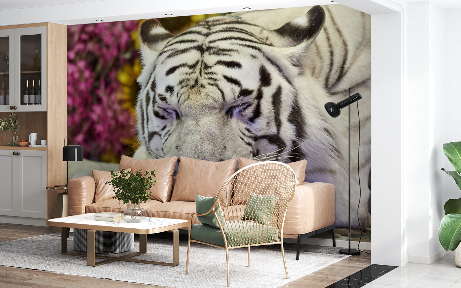 Fototapeta medzi kvetmi odpočíva biely tiger