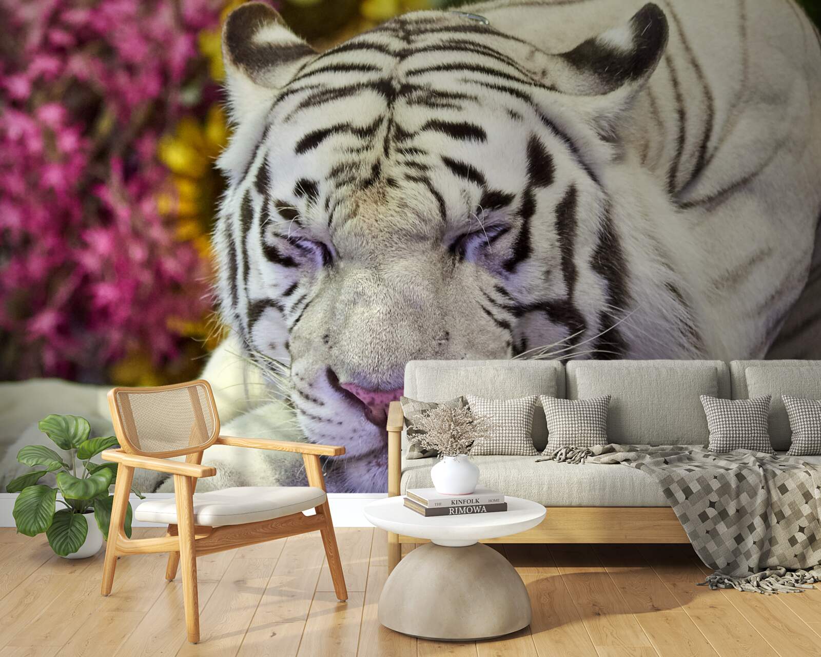 Fototapeta medzi kvetmi odpočíva biely tiger
