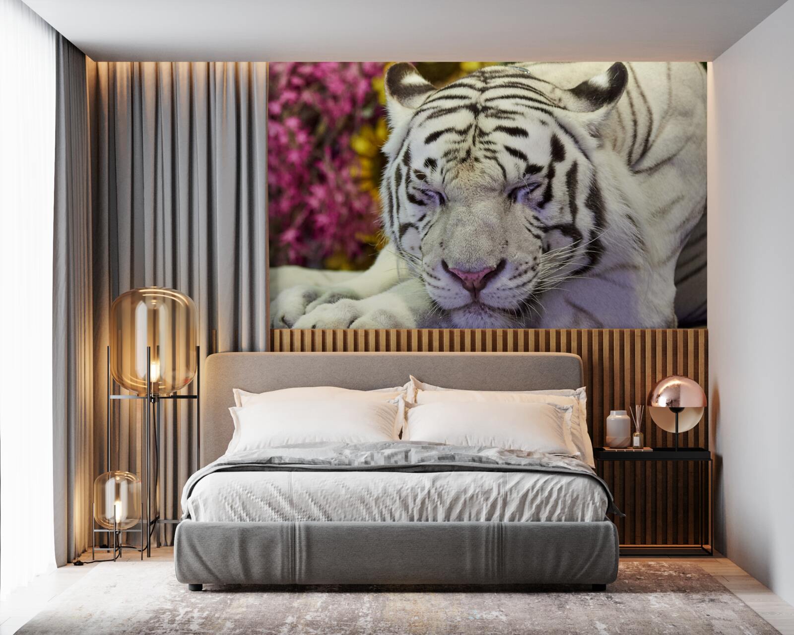 Fototapeta medzi kvetmi odpočíva biely tiger