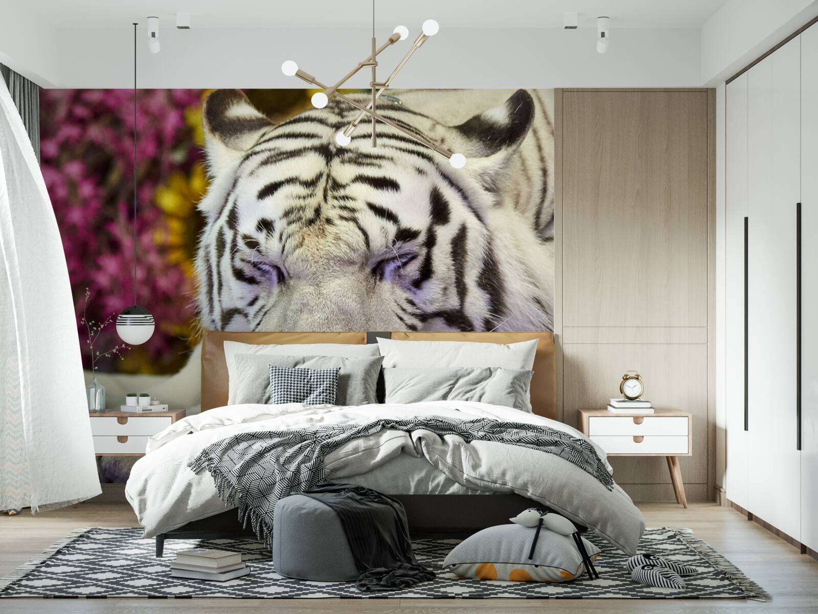 Fototapeta medzi kvetmi odpočíva biely tiger