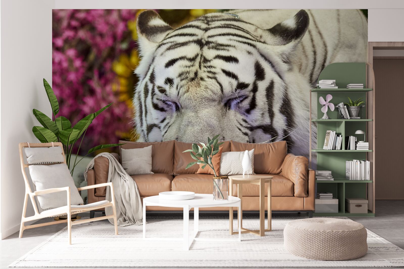 Fototapeta medzi kvetmi odpočíva biely tiger