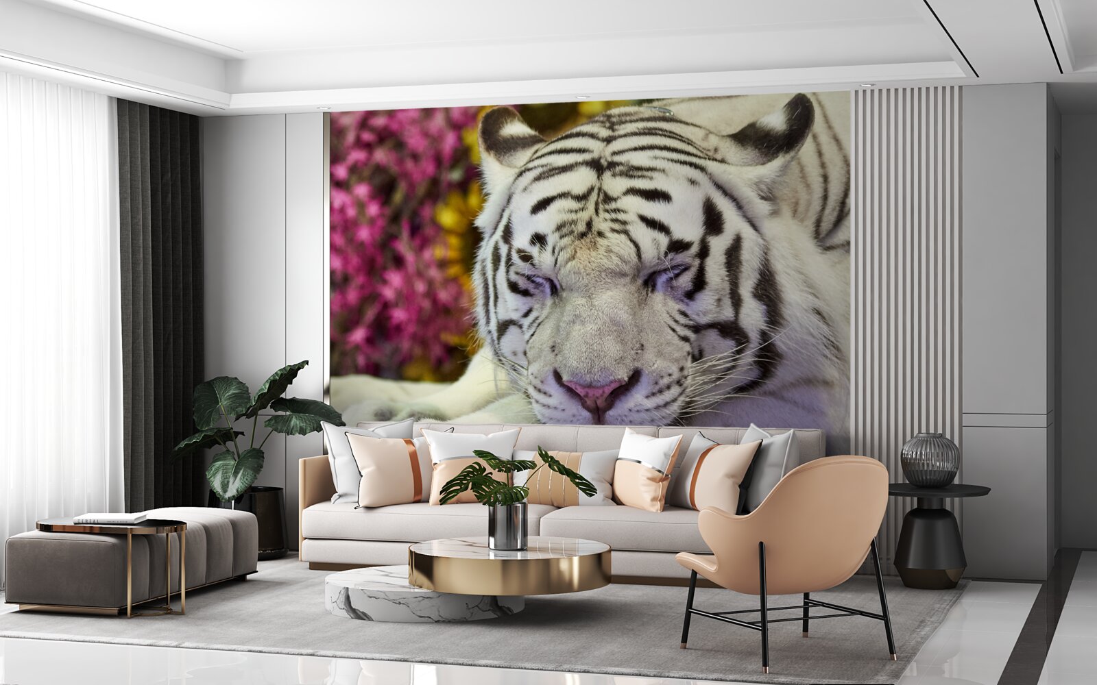 Fototapeta medzi kvetmi odpočíva biely tiger