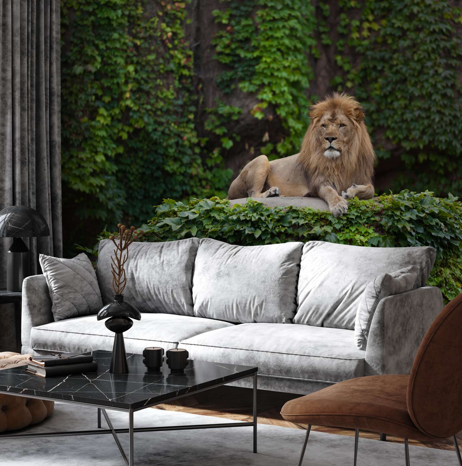 Fototapeta na kameni obrastenom machom spočíva majestátny lev