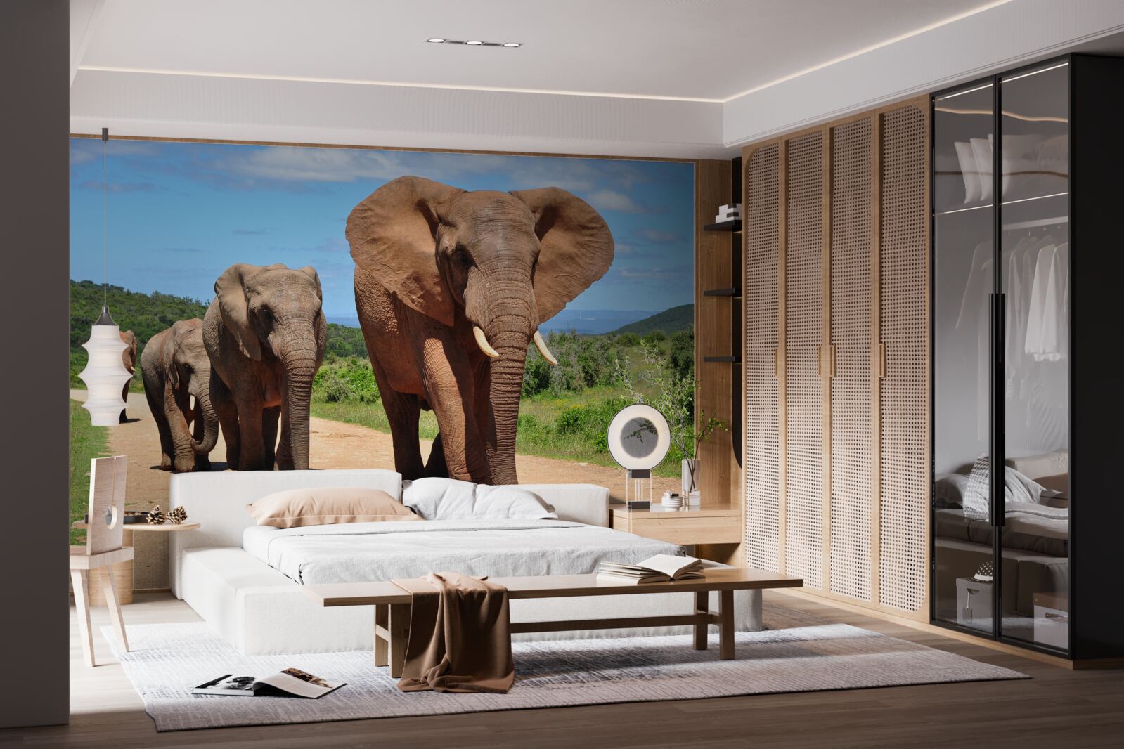 Fototapeta skupina slonov sa vracia domov cez piesočný terén