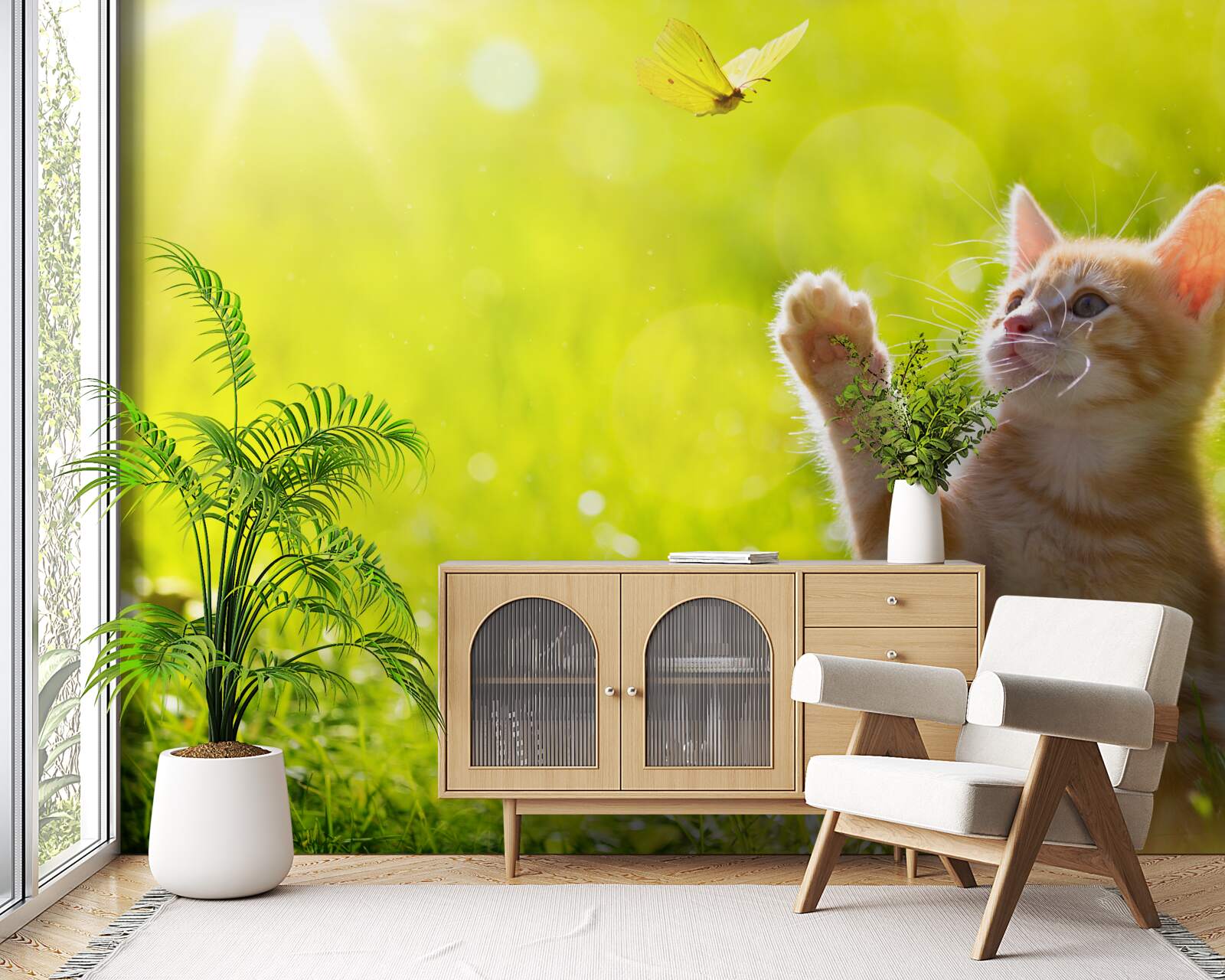 Fototapeta malá mačka sa hrá s motýľom na zelenom poli