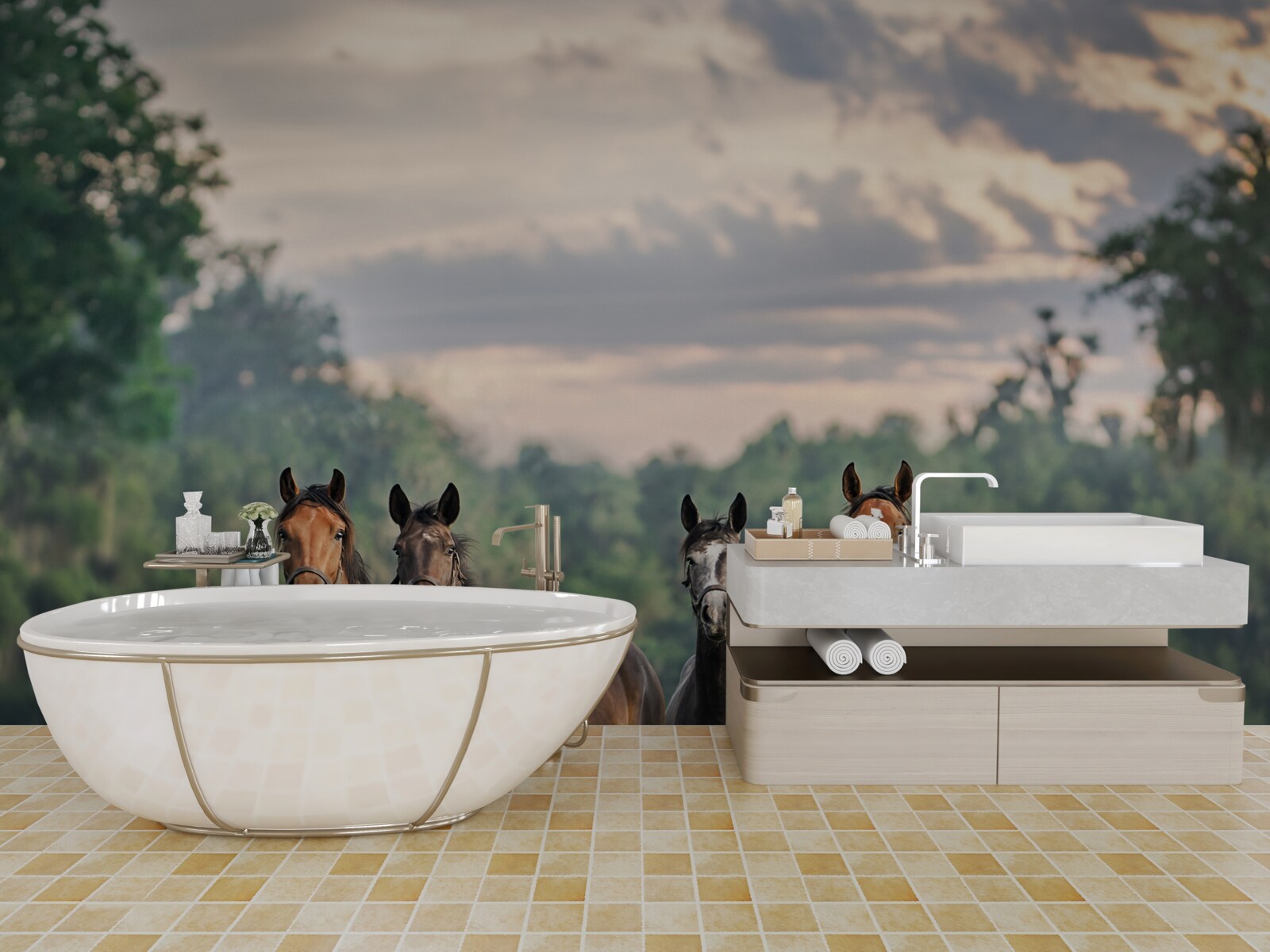 Fototapeta štyri kone odpočívajú v stáde na lúke