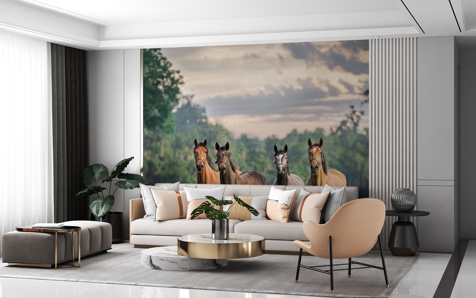 Fototapeta štyri kone odpočívajú v stáde na lúke