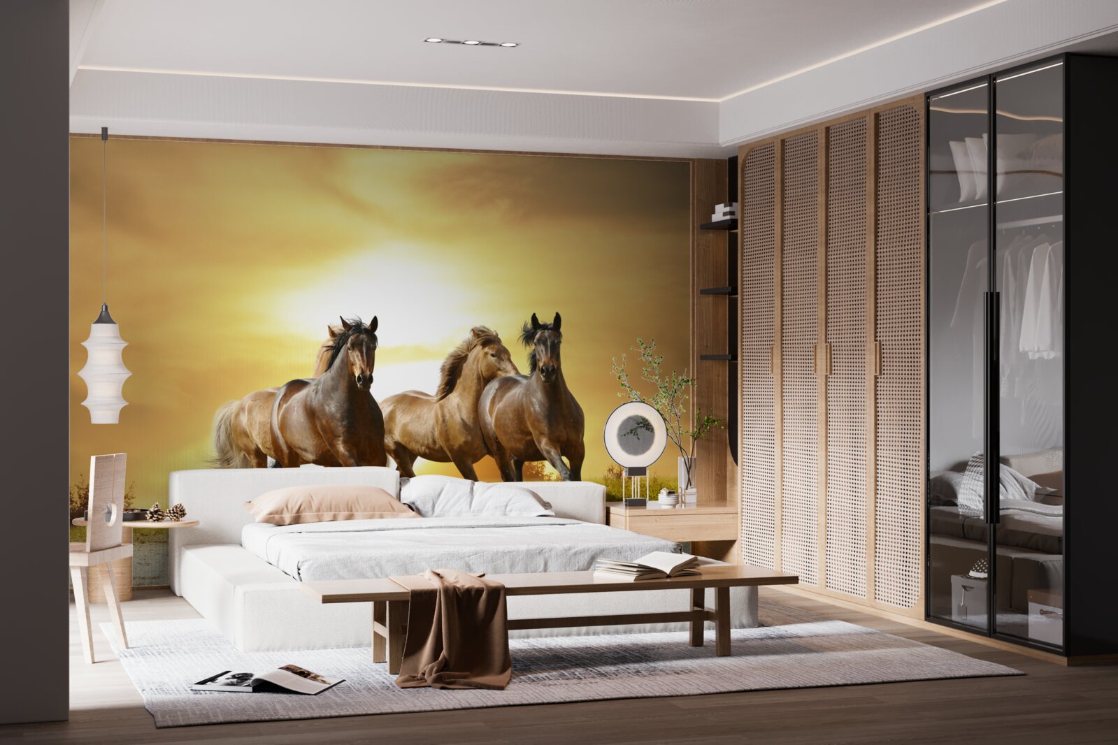 Fototapeta kone bežia smerom k zapadajúcemu slnku