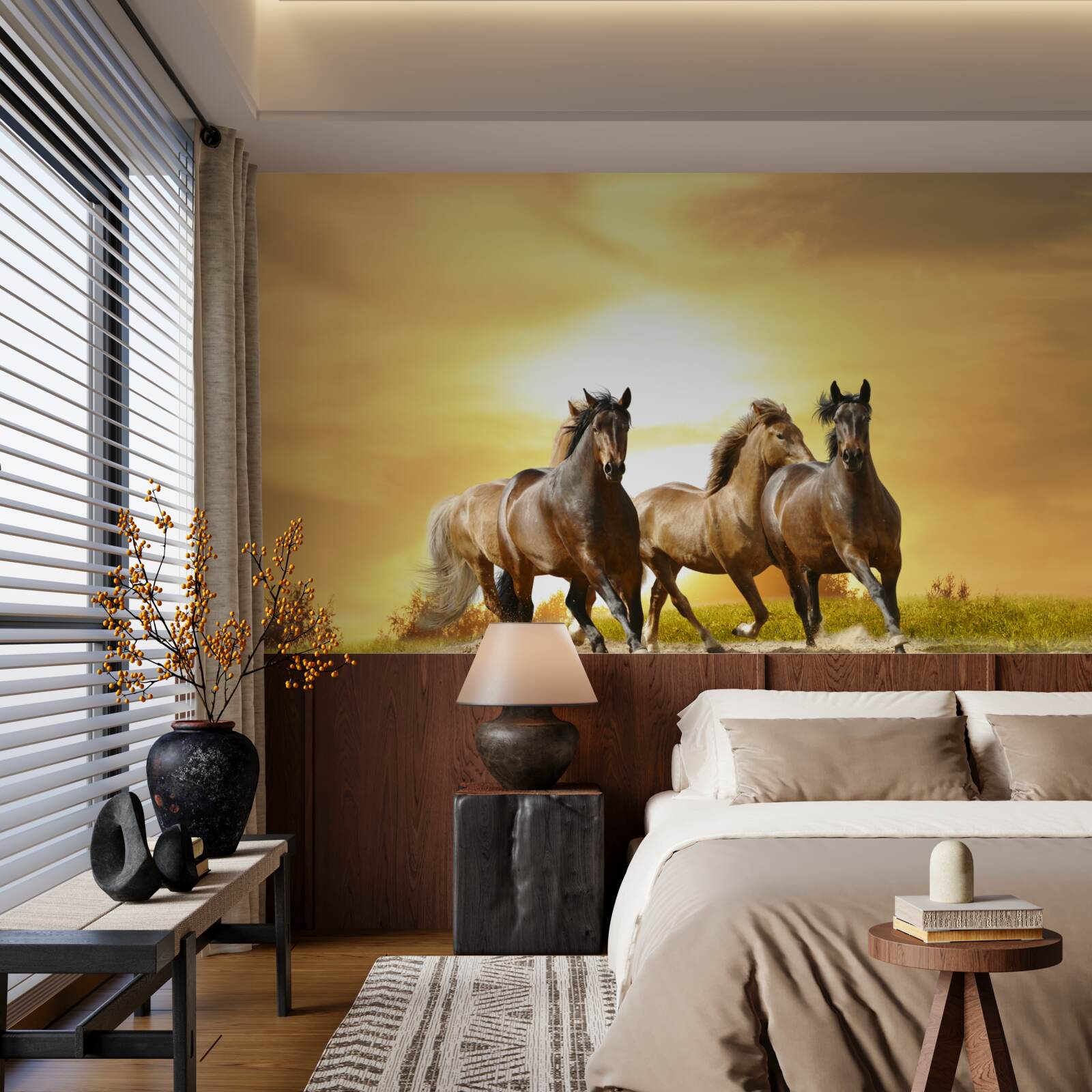 Fototapeta kone bežia smerom k zapadajúcemu slnku