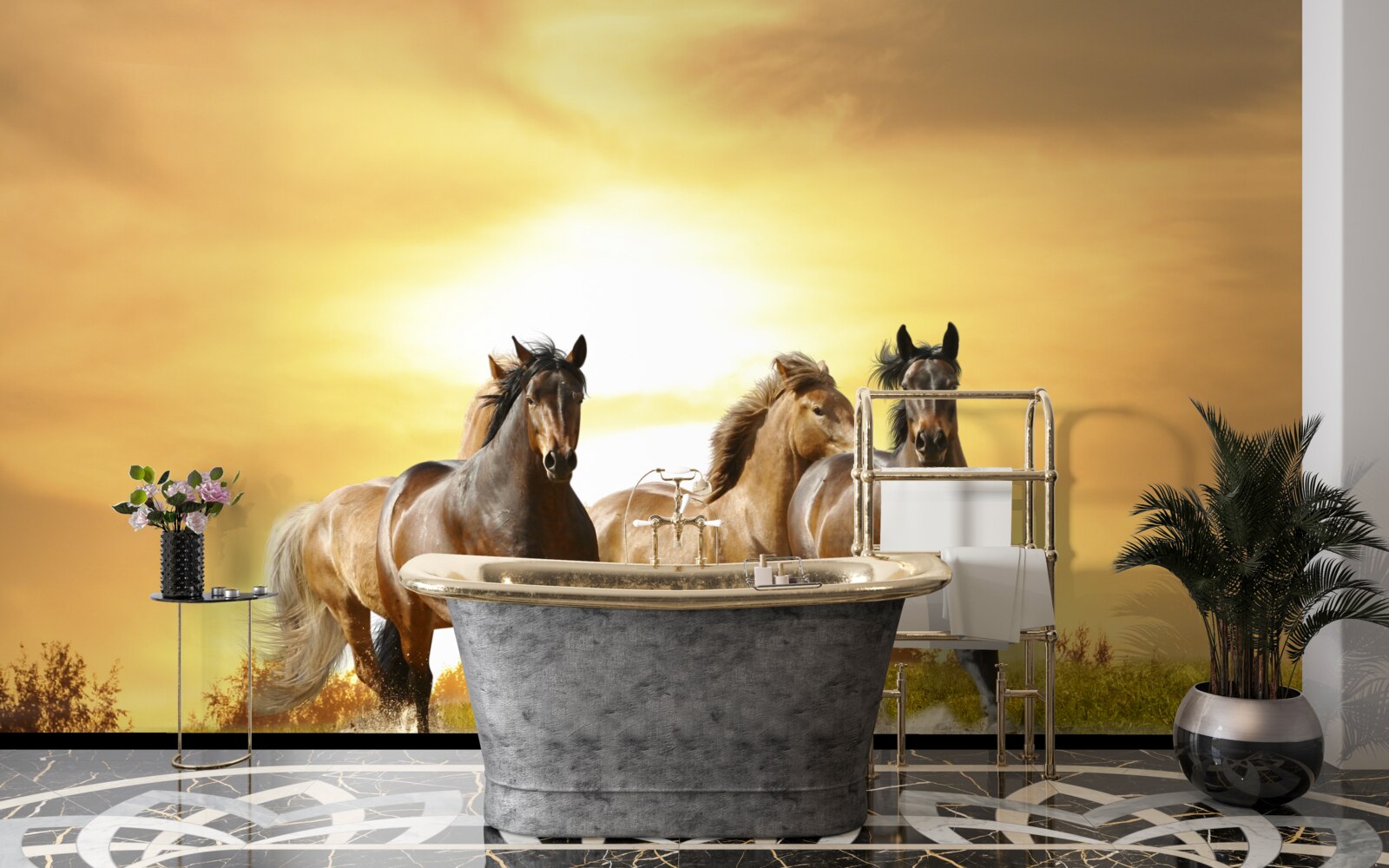 Fototapeta kone bežia smerom k zapadajúcemu slnku