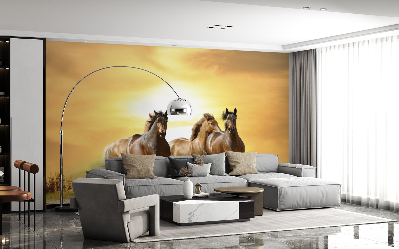 Fototapeta kone bežia smerom k zapadajúcemu slnku