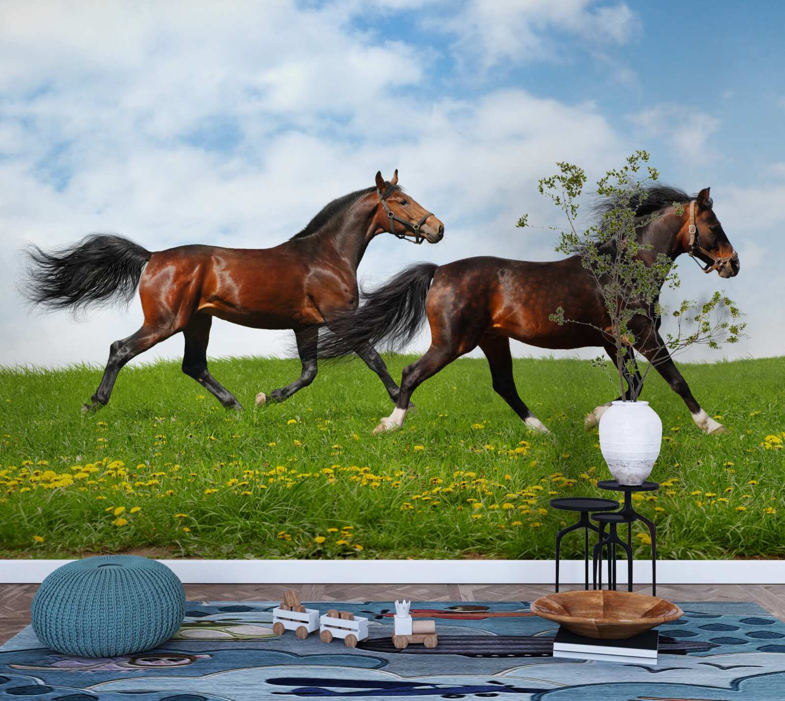 Fototapeta ranné kone bežiace cez čistinku