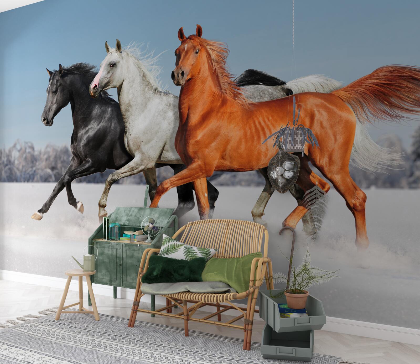 Fototapeta tri kone cválajúce po zasneženom teréne