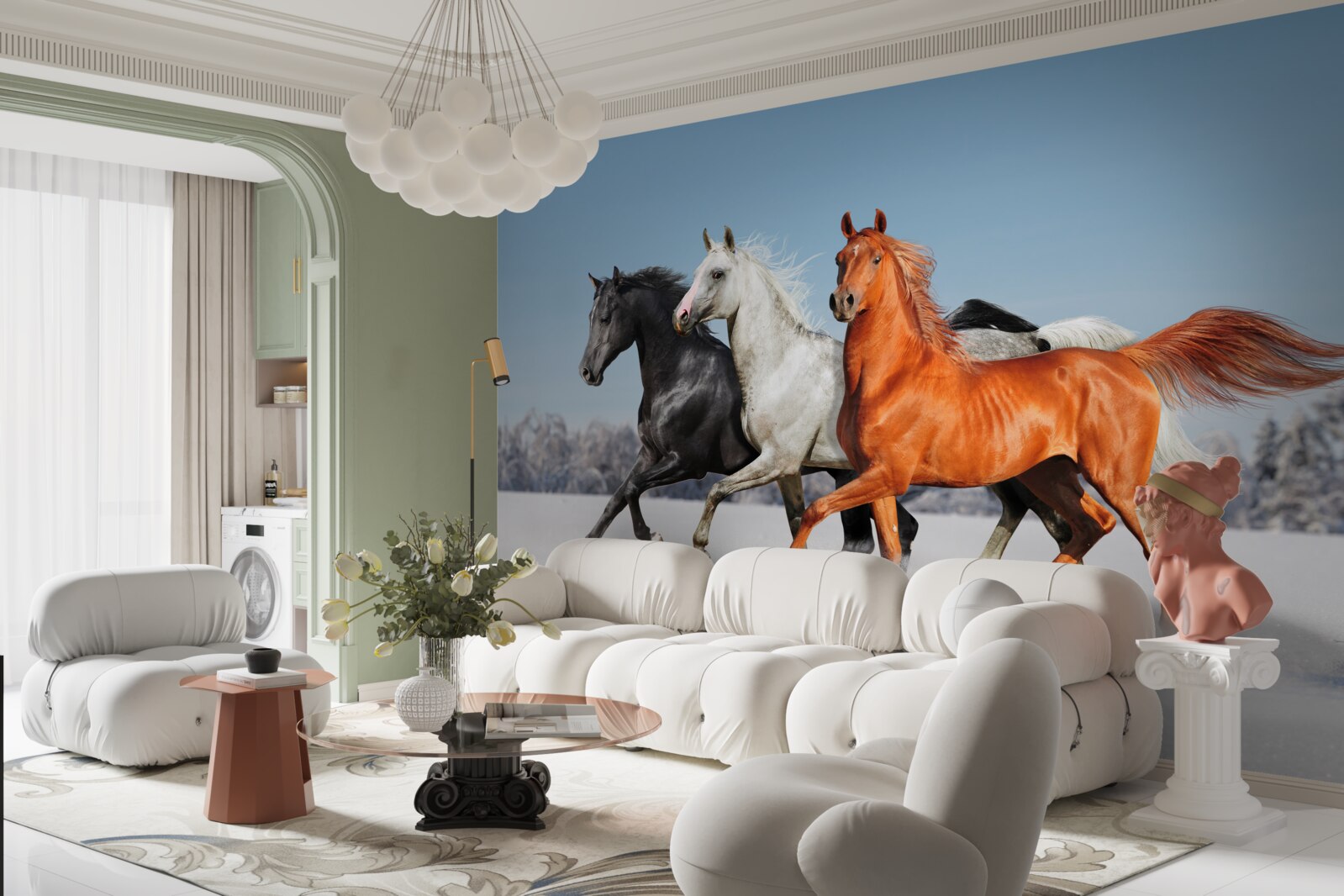 Fototapeta tri kone cválajúce po zasneženom teréne