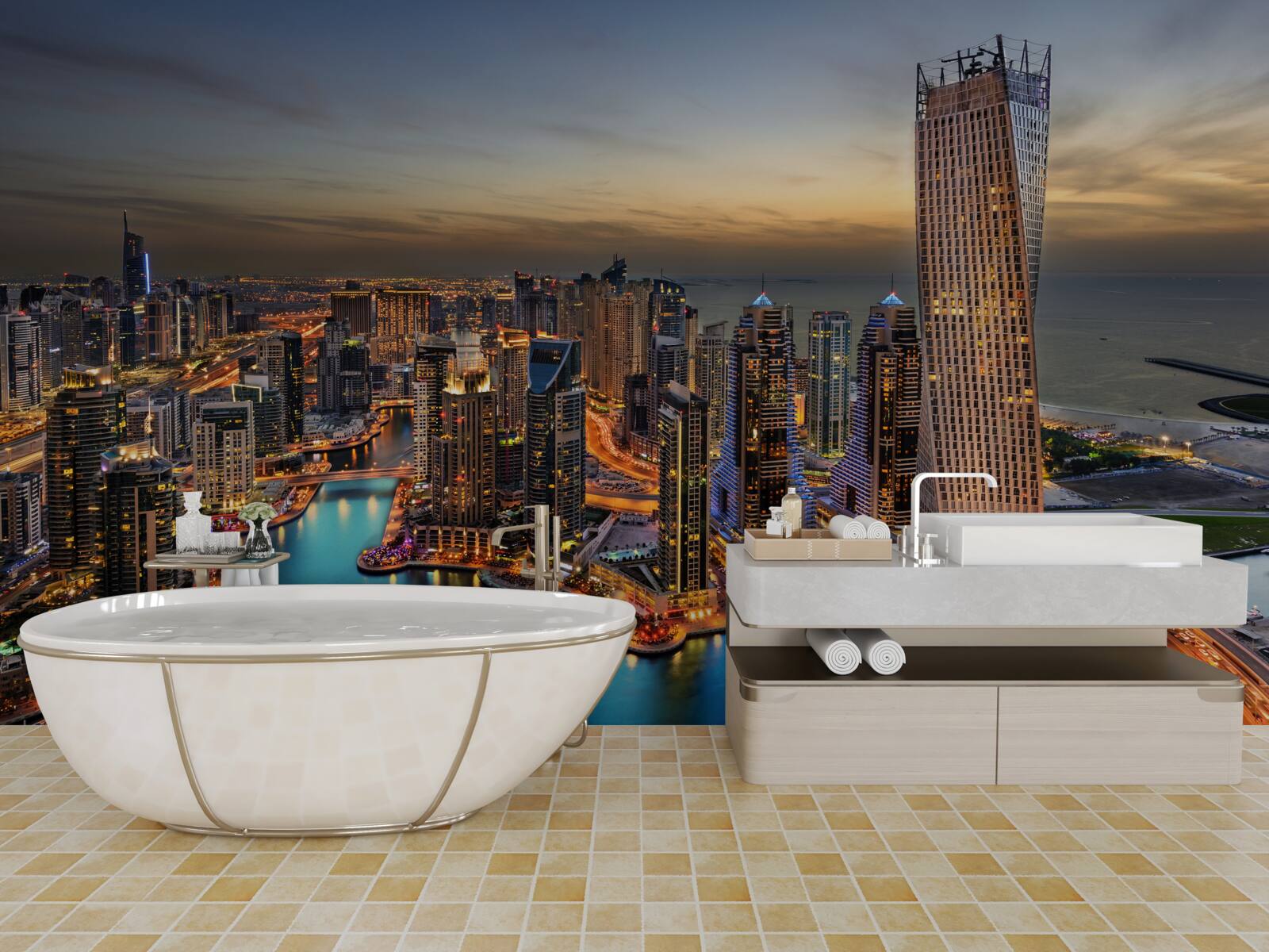 Fototapeta panoráma večerných budov v Dubaji