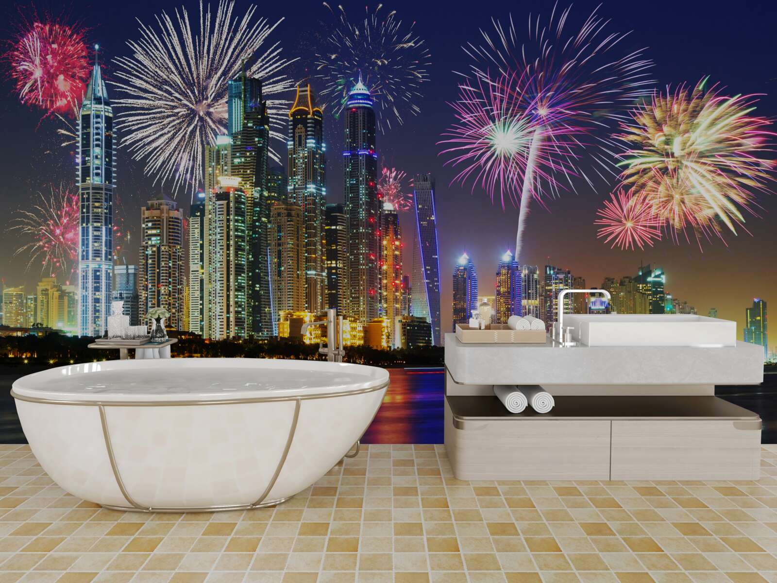 Fototapeta jasný ohňostroj na oblohe nad mestom