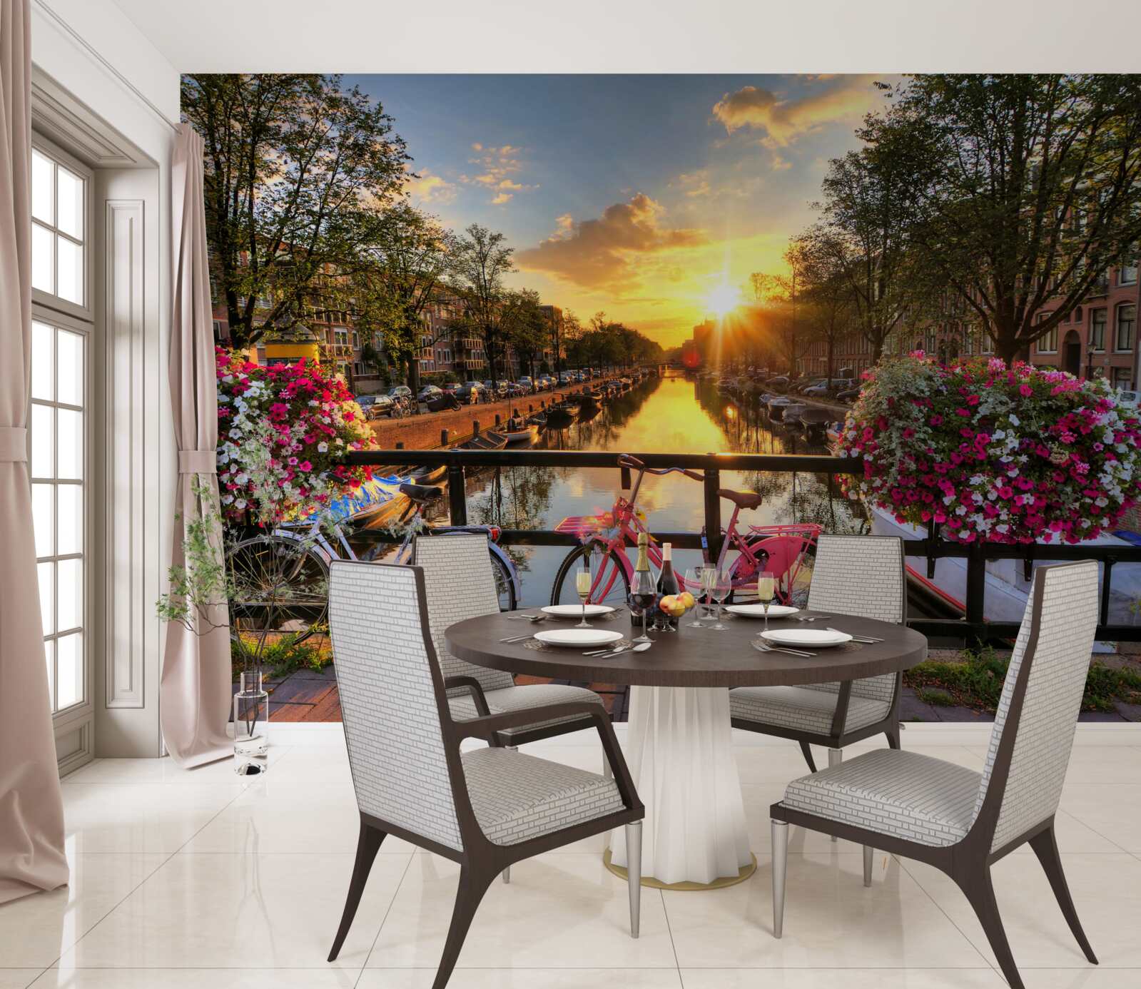 Fototapeta západ slnka v amsterdame s bicyklami v pozadí