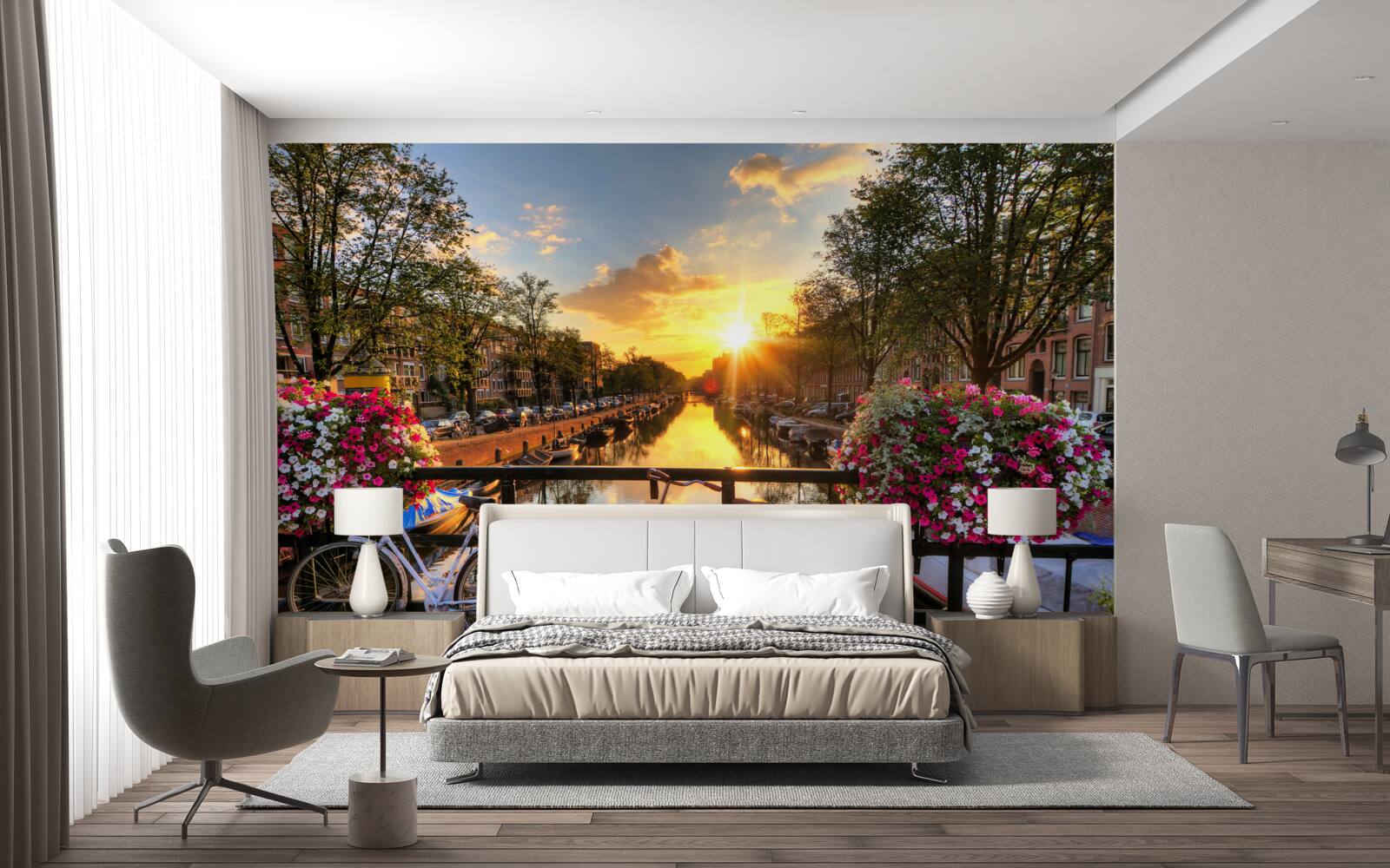 Fototapeta západ slnka v amsterdame s bicyklami v pozadí