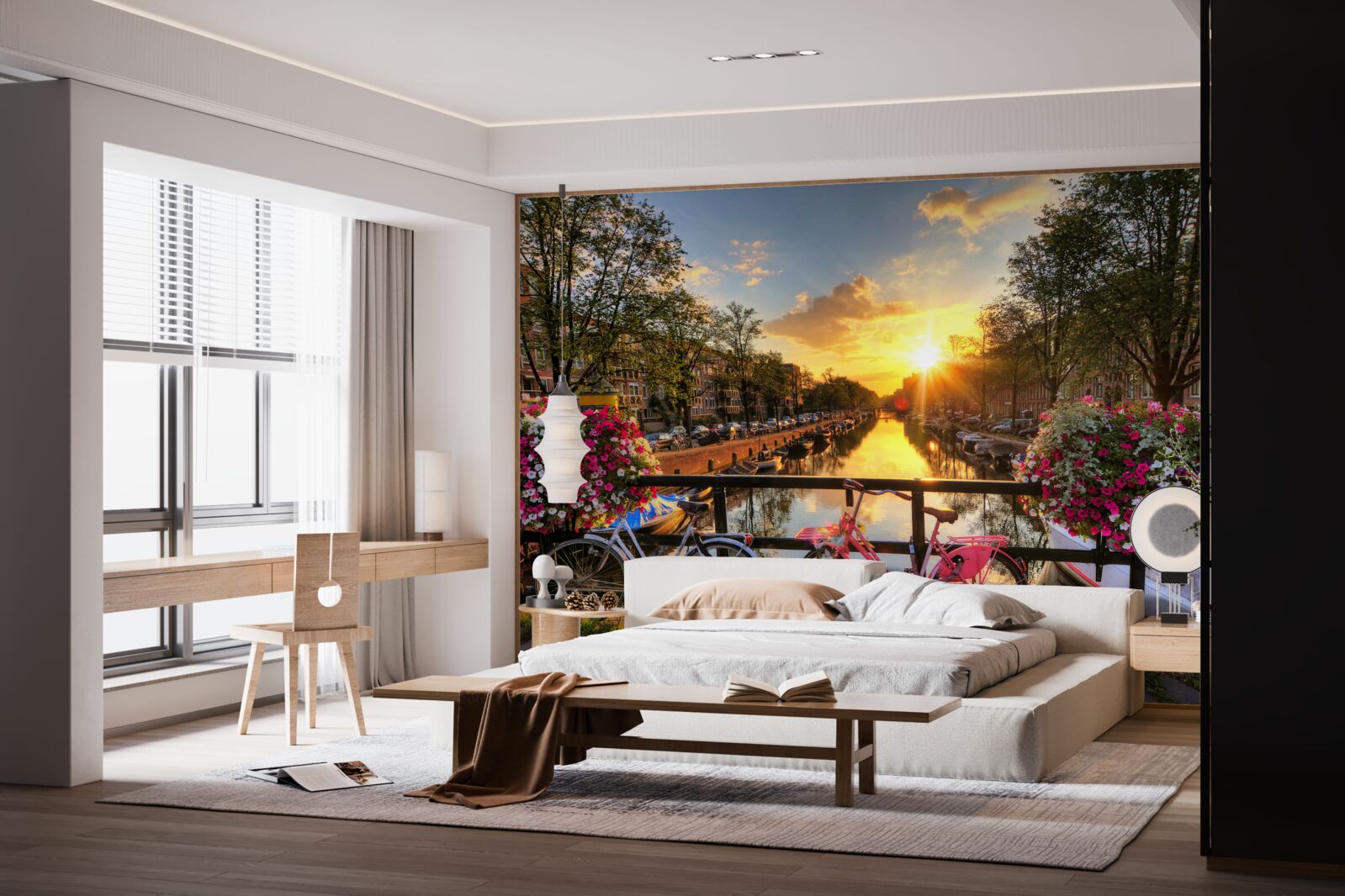 Fototapeta západ slnka v amsterdame s bicyklami v pozadí