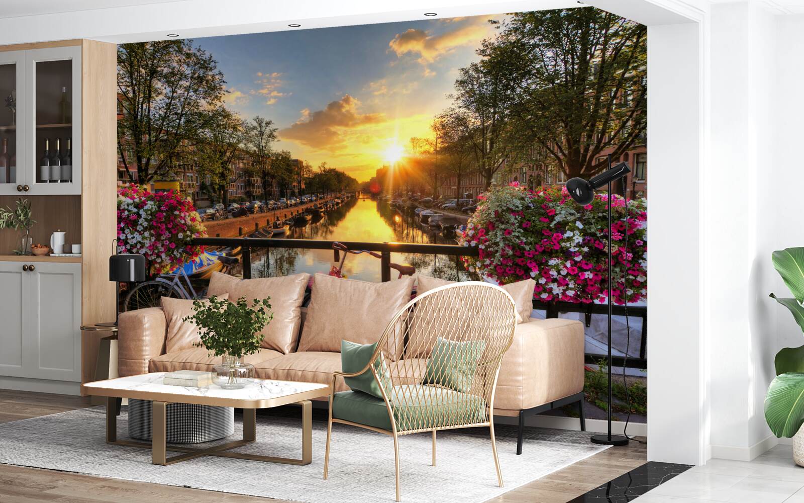 Fototapeta západ slnka v amsterdame s bicyklami v pozadí