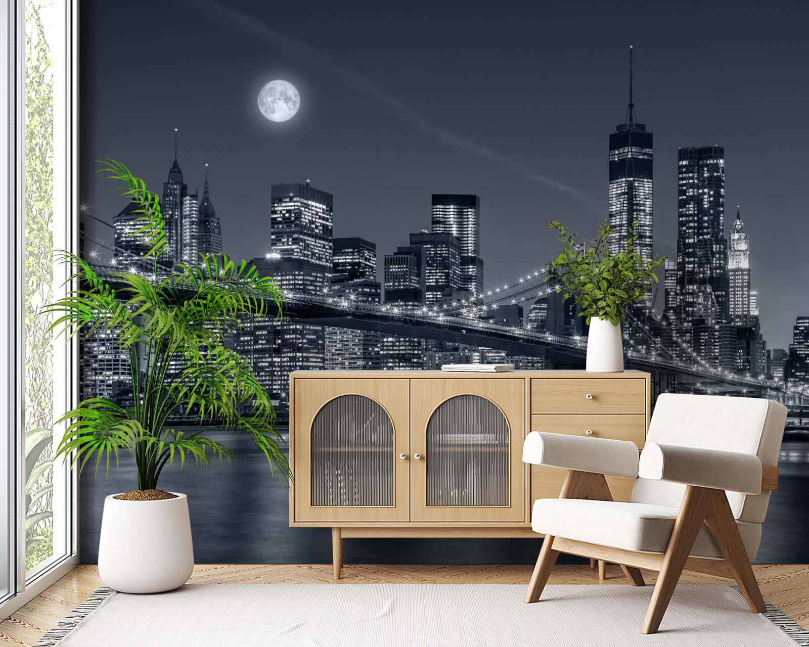 Fototapeta čiernobiele mesto new york vo svetle splnu mesiaca