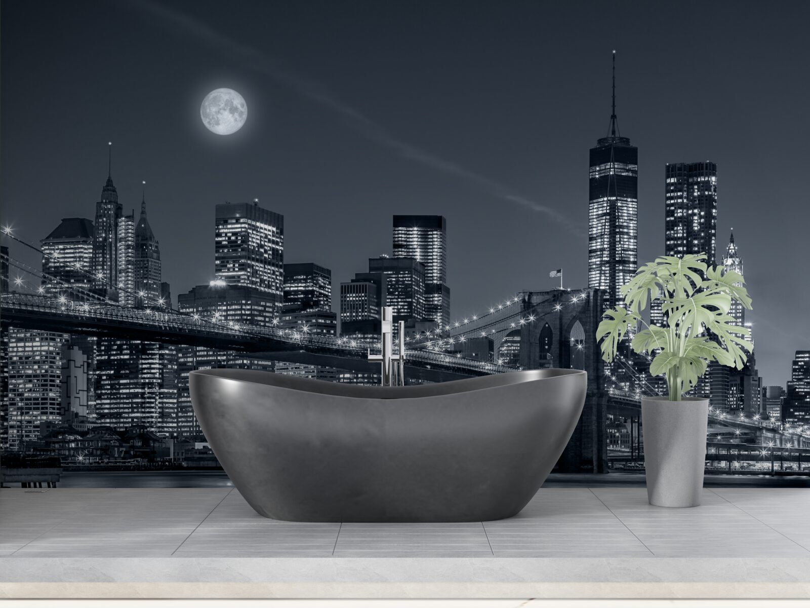 Fototapeta čiernobiele mesto new york vo svetle splnu mesiaca